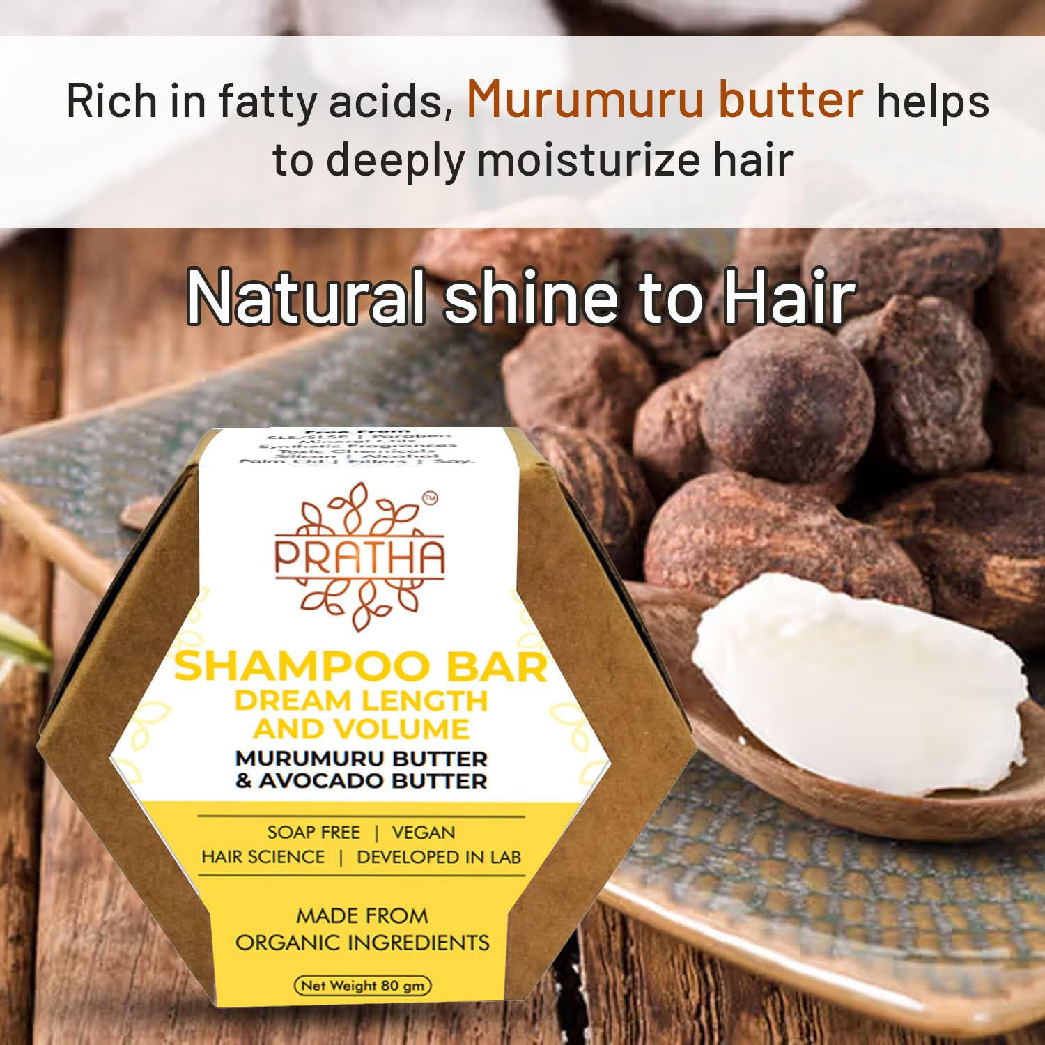 Pratha Natural Shampoo Bar with Murumuru & Avocado Butter - Sulfate-Free, Vegan Hair Care for Dry & Damaged Hair - Perfect for Travel & Eco-Friendly Bathroom