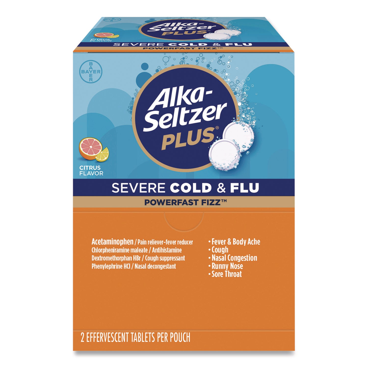Alka Seltzer Plus PowerFast Fizz Effervescent Tablets for Severe Cold & Flu Relief - 2 Tablets per Pouch, 30 Pouches per Box - Fast-Acting Medicine for Cough, Sore Throat & Congestion - Ideal for Home, Office & Travel Use