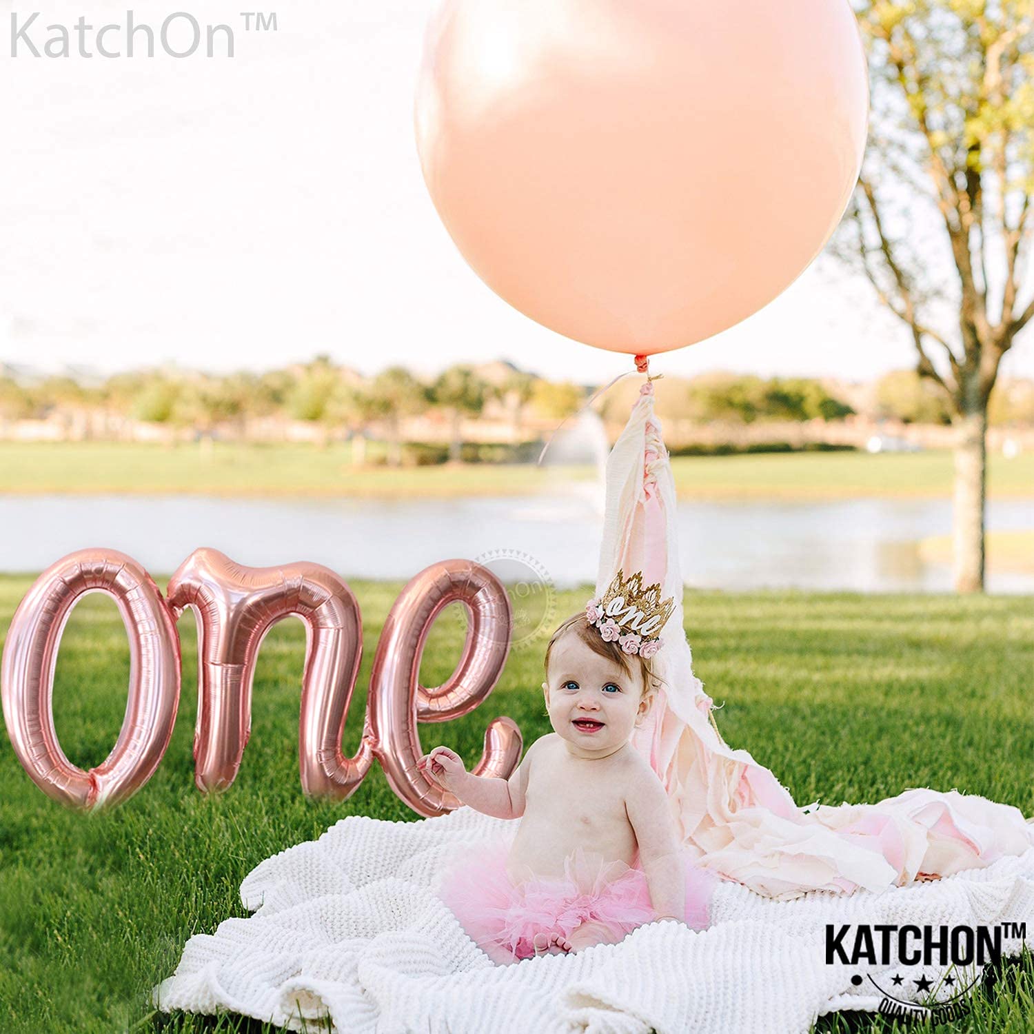 KatchOn 20 Inch Rose Gold 'One' Foil Balloon Letters - First Birthday Decorations for Girls | Sweet Peach Themed Party Supplies | Perfect for 1st Birthday Parties, Baby Showers & Gender Reveals
