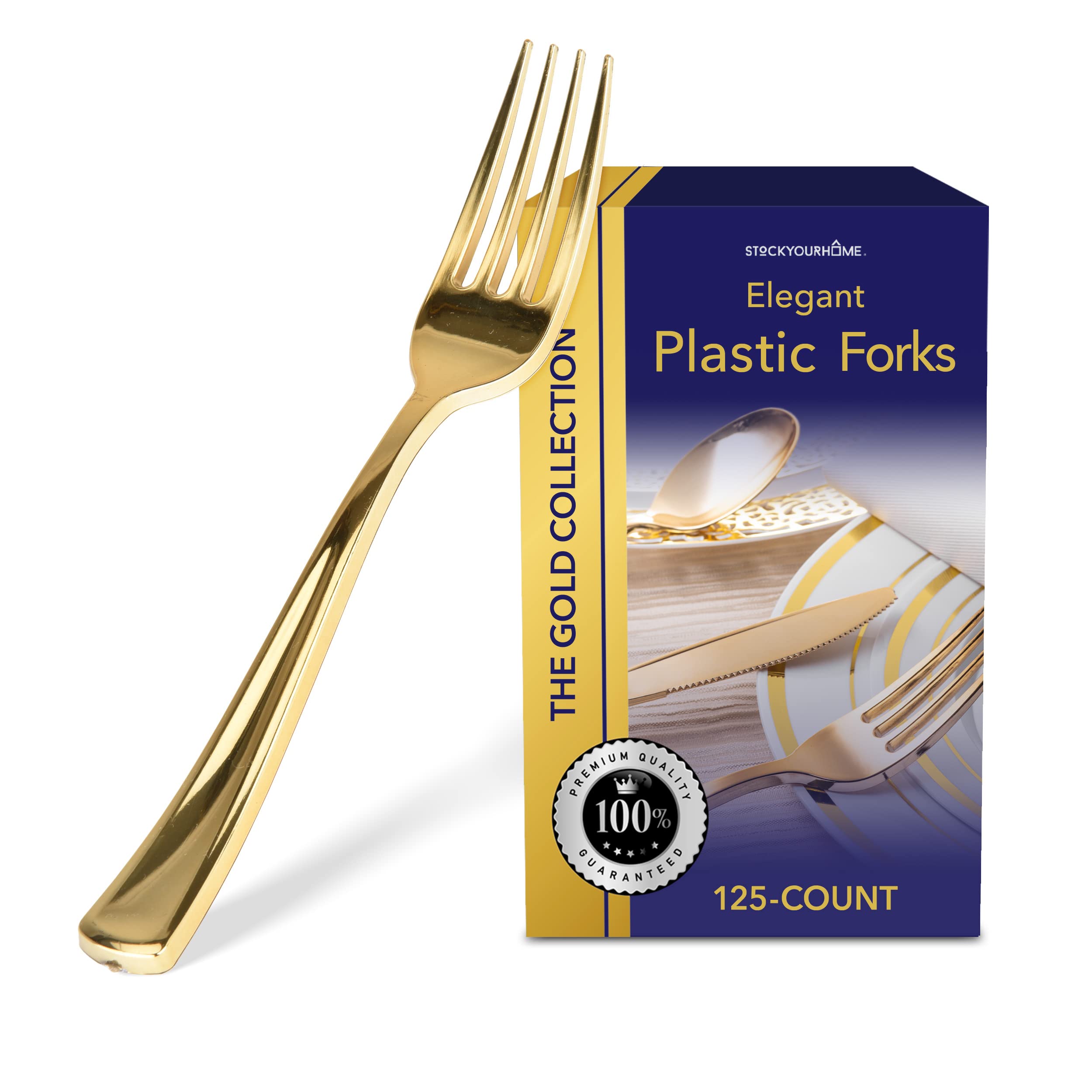 Stock Your Home 125 Heavy Duty Disposable Plastic Forks - Elegant Gold Cutlery-Style Utensils for Catering, Restaurants, Parties & Weddings | Perfect for Outdoor Events, Picnics & Formal Dining