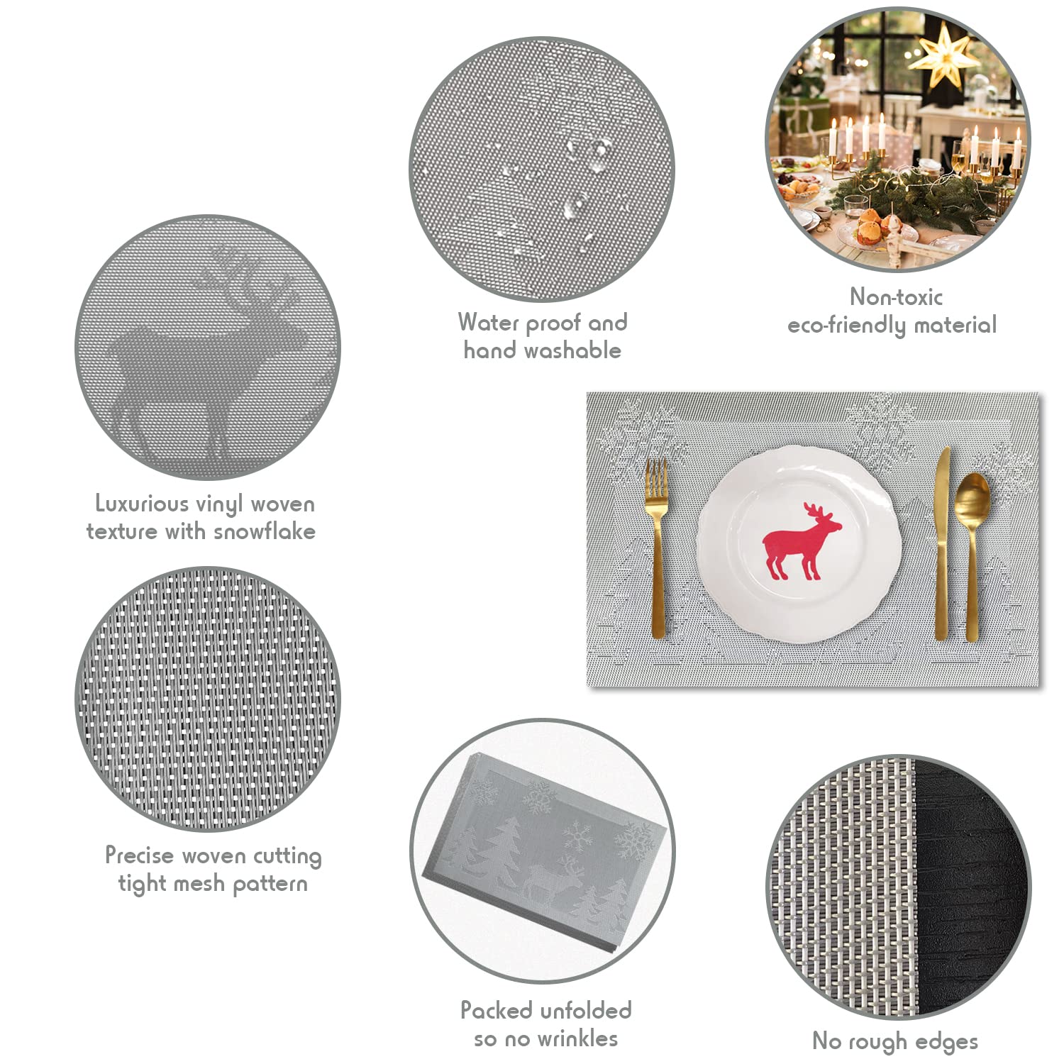 6-Pack Christmas Reindeer Silver Woven Vinyl Non-Slip Placemats - Washable & Anti-Skid Table Mats for Kitchen Dining, Holiday Decor & Family Gatherings