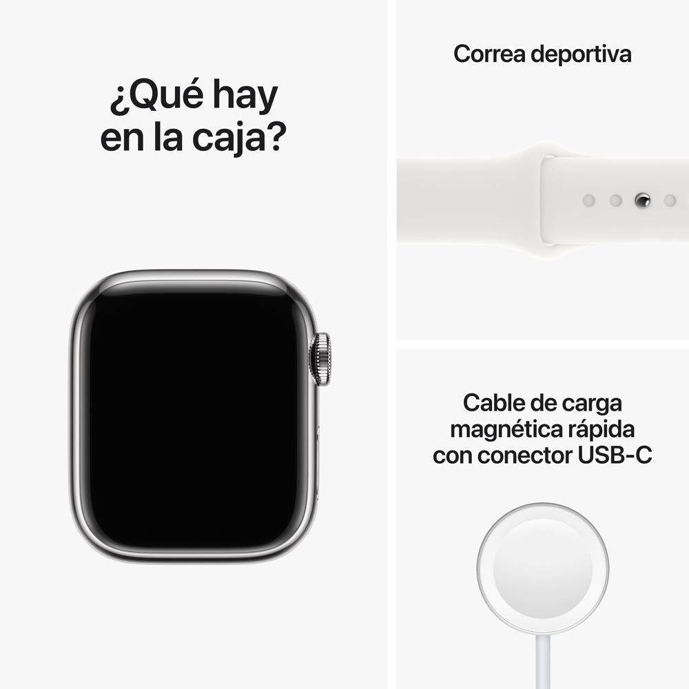 Apple Watch Series 8 (GPS + Cellular) 41mm Silver Stainless Steel Case with White Sport Band - Perfect for Fitness Tracking, Phone Calls & Smart Notifications