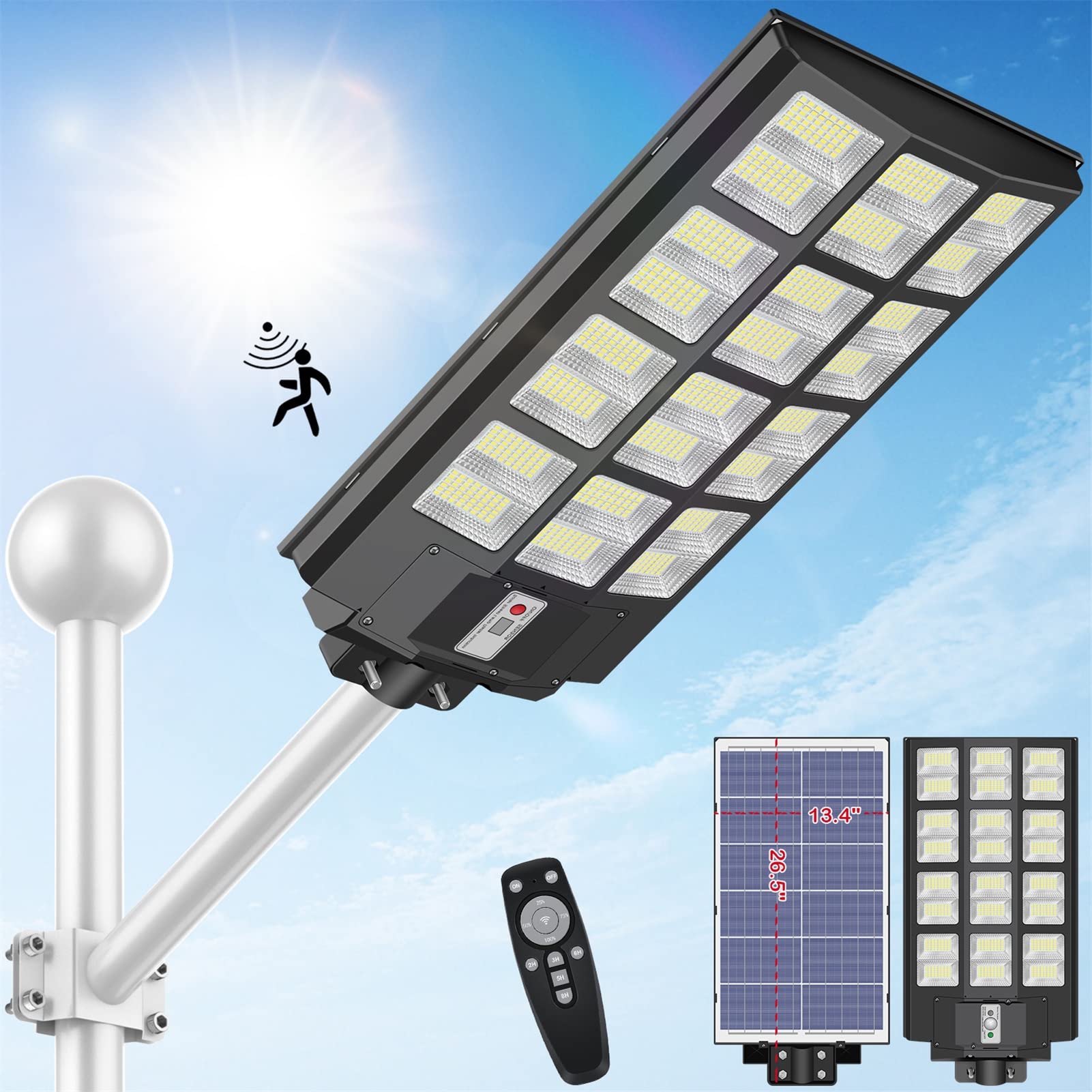 1000W Solar LED Street Light Outdoor - 80000LM IP66 Waterproof Security Flood Light with Motion Sensor & Remote Control - Dusk to Dawn Solar Light for Garden, Yard, Parking Lot, Driveway, Pathway (Perfect for Home Security and Energy-Efficient Outdoor Lighting)