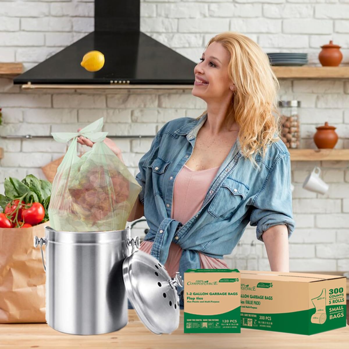 1-2 Gallon Flap Tie Compostable Trash Bags - 120 Count Small Biodegradable Kitchen Garbage Bags | ASTM D6400 & US BPI Certified | Perfect for Countertop Bins, Food Scraps, and Eco-Friendly Waste Disposal