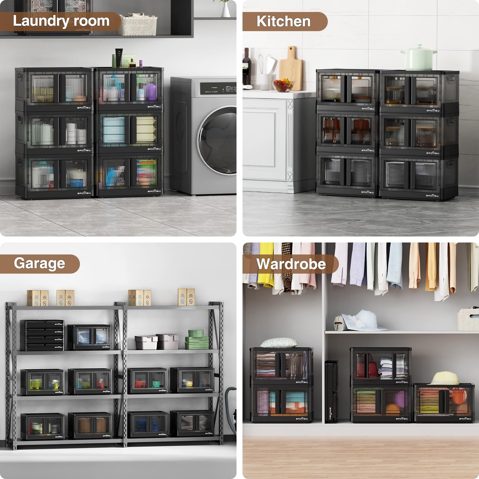 V6 136 QT Stackable Storage Bins with Lids & Wheels - Collapsible Folding Storage Cabinets with Doors for Closet, Home Office, Dorm Organization (Black) | Perfect for Seasonal Clothes, Toys, and Household Items Storage