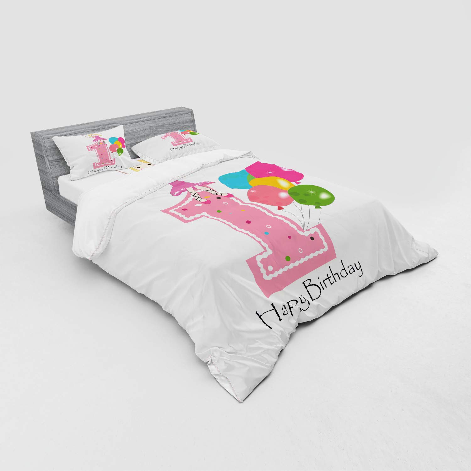 Ambesonne 1st Birthday Duvet Cover Set - Cartoon Party Theme with Pink Wand & Balloons - 4 Piece California King Bedding Set with Shams & Fitted Sheet - Pale Pink & Lilac - Perfect for Baby's First Birthday Party Decorations & Nursery Bedding