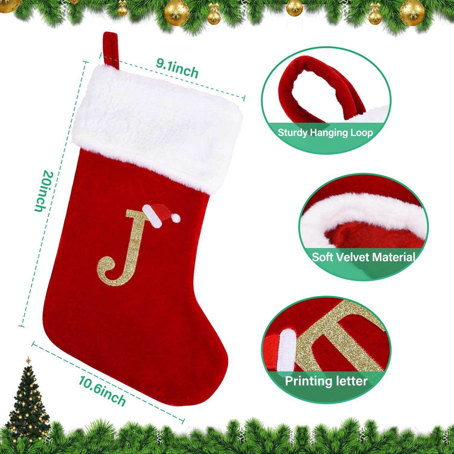Personalized 20 Inch Red Velvet Christmas Stocking with Monogram Letter J - Large Soft Plush Holiday Stocking for Fireplace, Xmas Tree Decor - Perfect for Family Gifts & Cozy Winter Celebrations