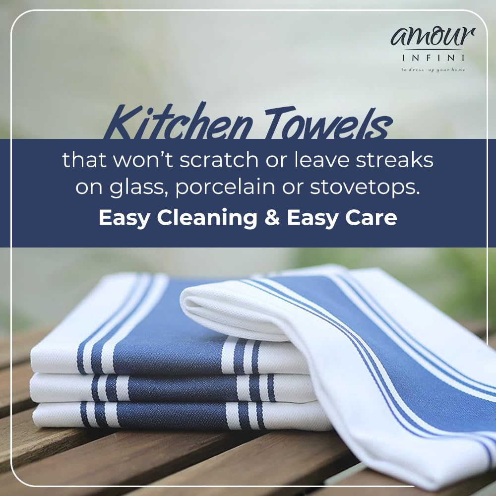 AMOUR INFINI Cotton Kitchen Towels Set of 4 - Ultra Soft & Highly Absorbent Dish Cloths (20x28 Inch) with Hanging Loop for Quick Drying | Perfect for Washing Dishes, Drying Hands & Kitchen Cleaning | Blue Tea Towels