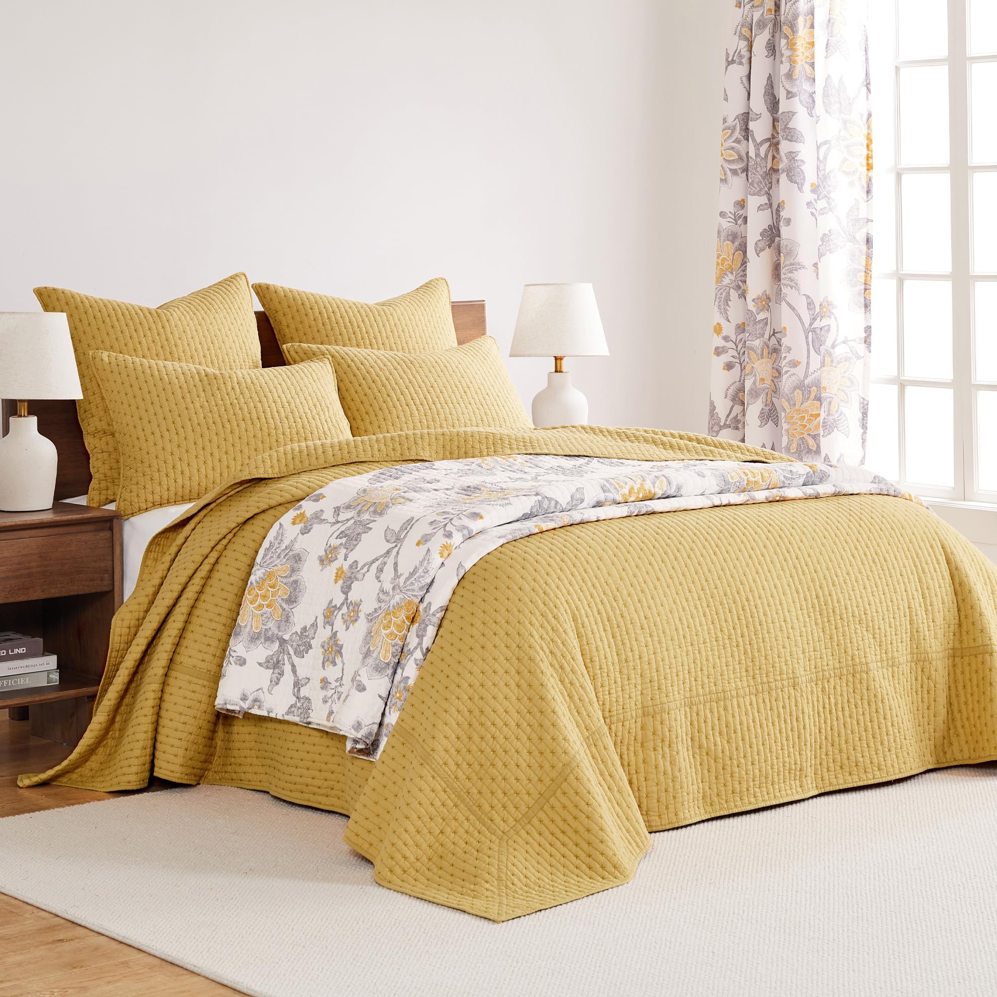 Levtex Home Reverie Quilt Set - Full/Queen Size Reversible Cotton Quilt (88x92in) with 2 Standard Pillow Shams (26x20in) - Floral Pattern in Yellow, Grey & White - Soft Bedding for Cozy Bedroom Decor & Guest Room Essentials