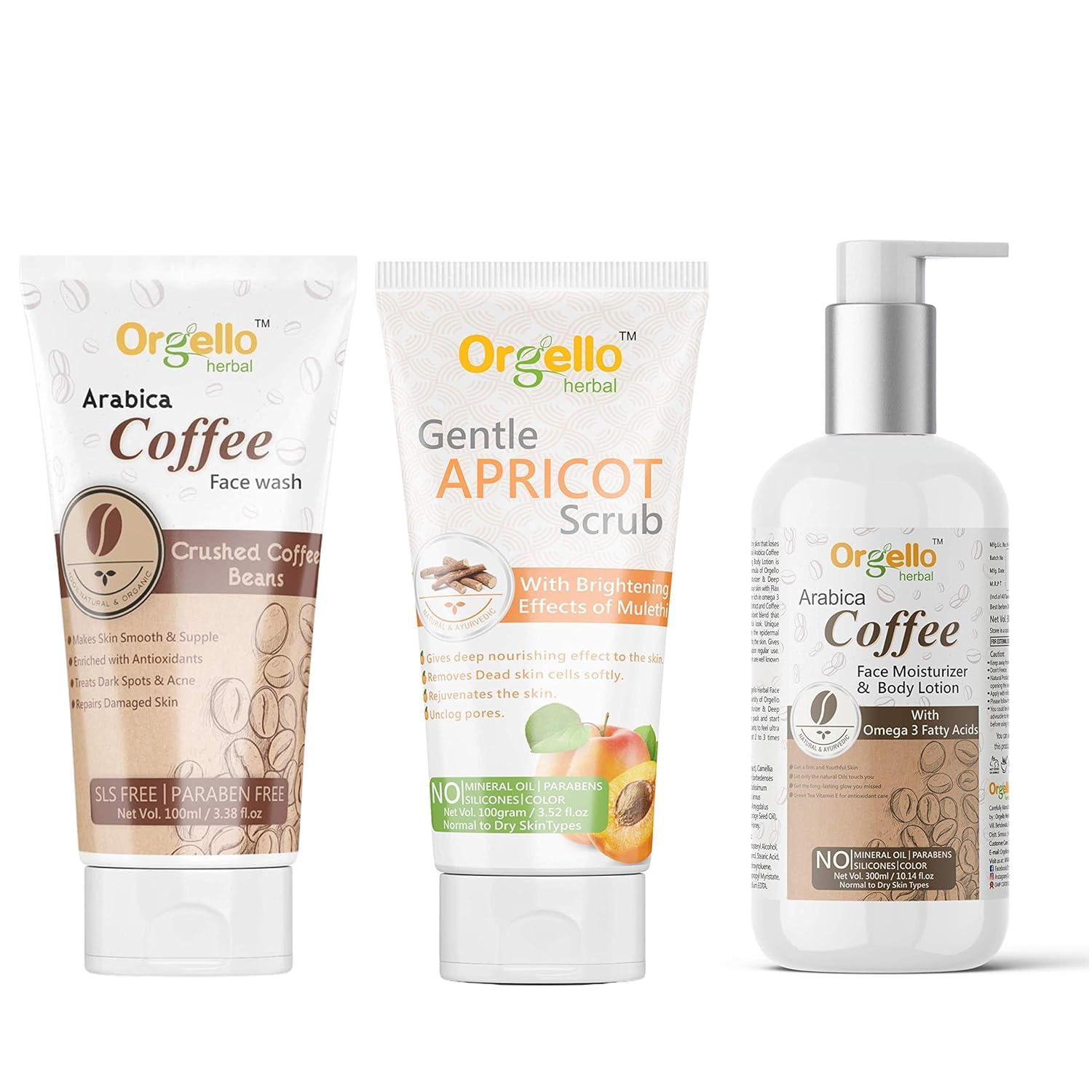 Organic Herbal Skincare Combo Kit - Arabica Coffee Face Wash (100ml) + Apricot Facial Scrub (100g) + Coffee Body Lotion (300ml) | Natural Glow Routine for Dry & Sensitive Skin | Perfect for Morning & Night Skincare Regimen