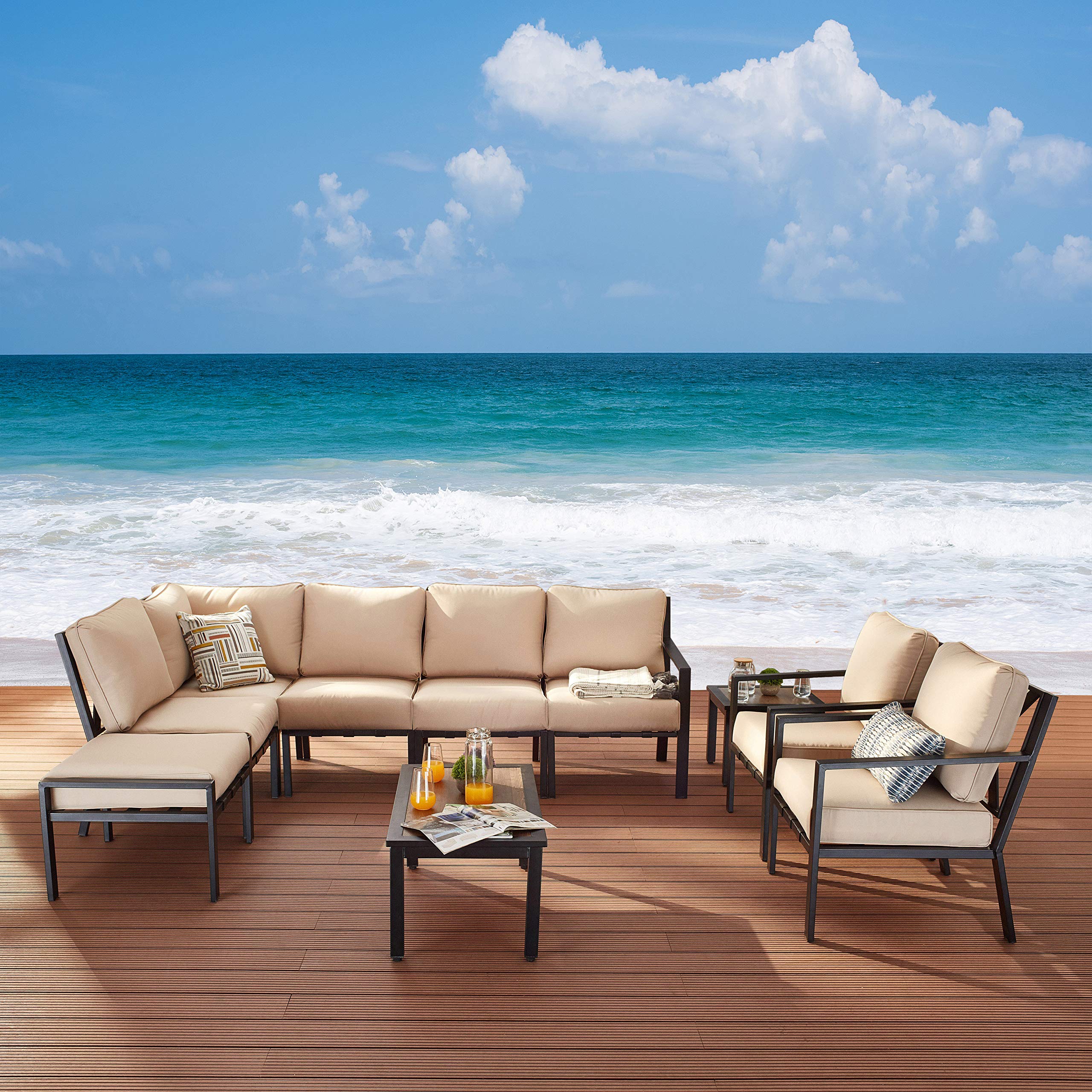 10-Piece All-Weather Outdoor Patio Furniture Set - Black Wicker Sectional Sofa with Slatted Back Armchairs, Coffee Table & Removable Beige Cushions for Garden, Poolside or Backyard Relaxation