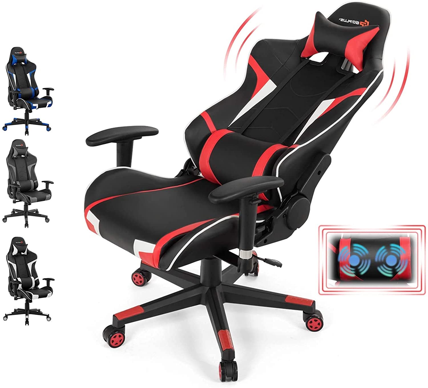 Ergonomic Massage Gaming Chair - High Back Office Computer Chair with Adjustable Headrest & Lumbar Support, Racing Style Recliner Swivel Chair for Home & Gaming - Perfect for Esports, Work from Home & Relaxation (Red)