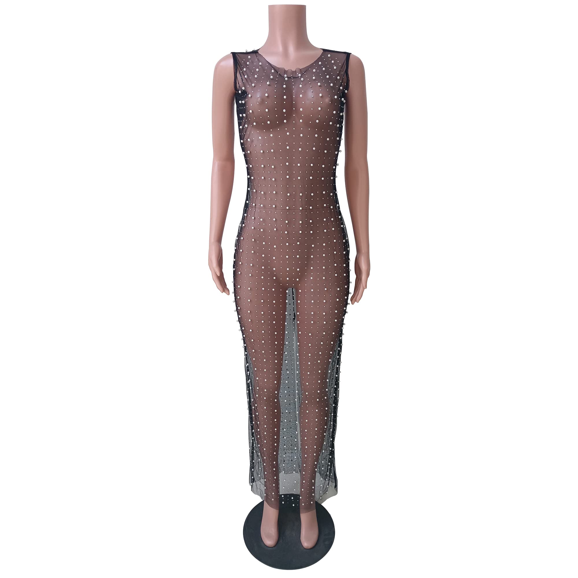 Aelidiya Women's Sleeveless Mesh Swimsuit Cover Up Dress with Pearl Rhinestone Details - Beach Maxi Dress, See Through Bikini Swimwear Cover Up - Perfect for Pool Parties, Vacations & Summer Getaways