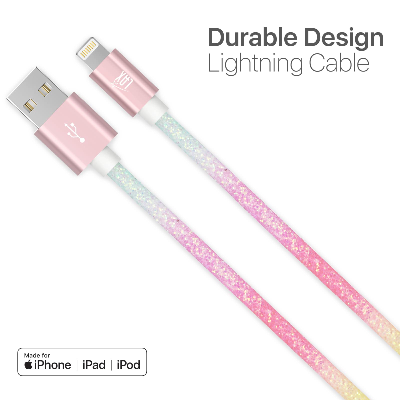LAX Gadgets USB A to Lightning Cable - MFI Certified Fast Charging & Data Sync Cable for iPhone 14/13/12/11/X/8, iPad, iPod - 6ft Nylon Braided Durable Cable - Pastel Rainbow (GLMFI6PAS) | Perfect for Home, Office & Travel Charging