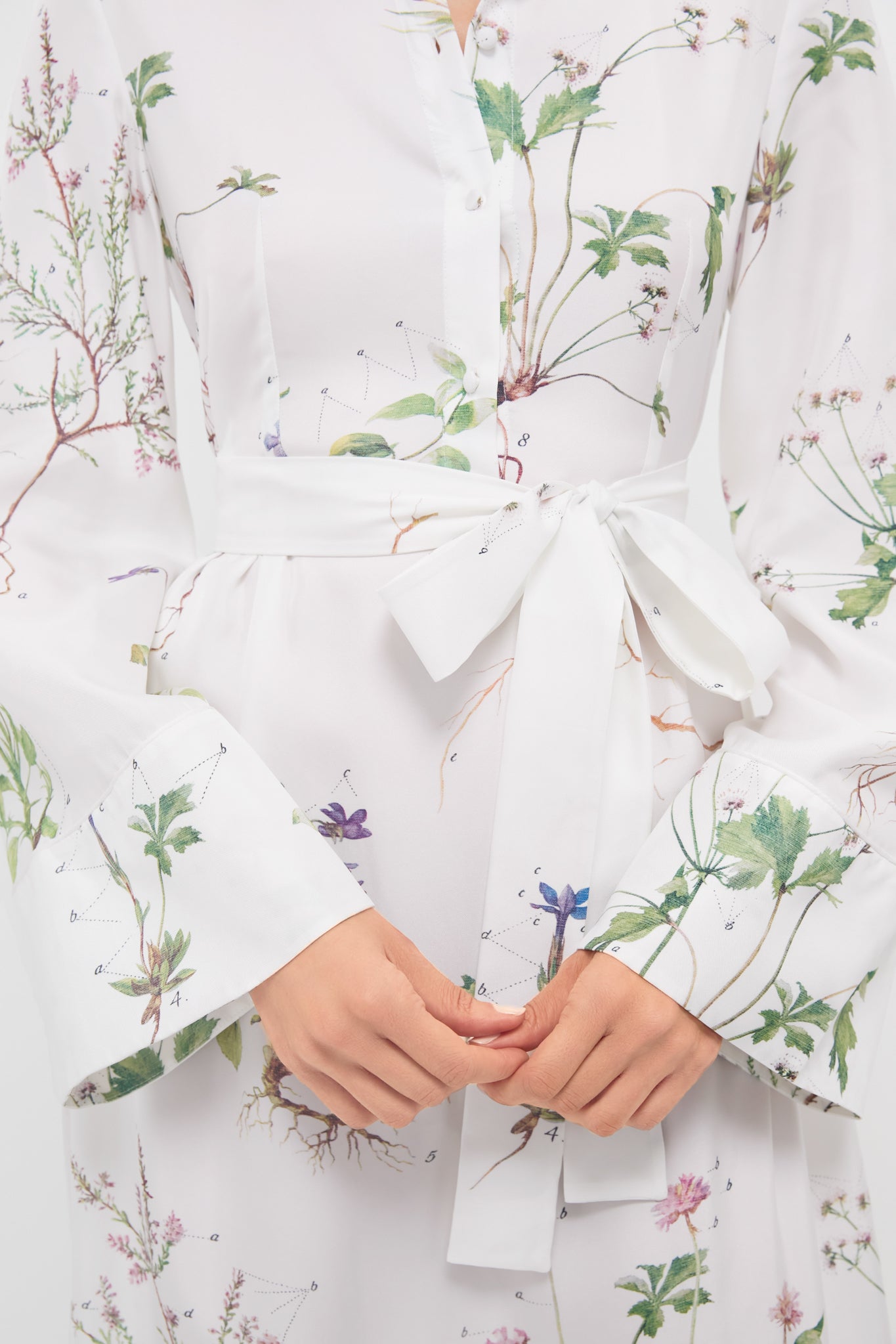 Elegant White Long Sleeve Tie Waist Midi Dress for Women | Floral Botanical Garden Print | Perfect for Garden Parties, Weddings & Spring Occasions