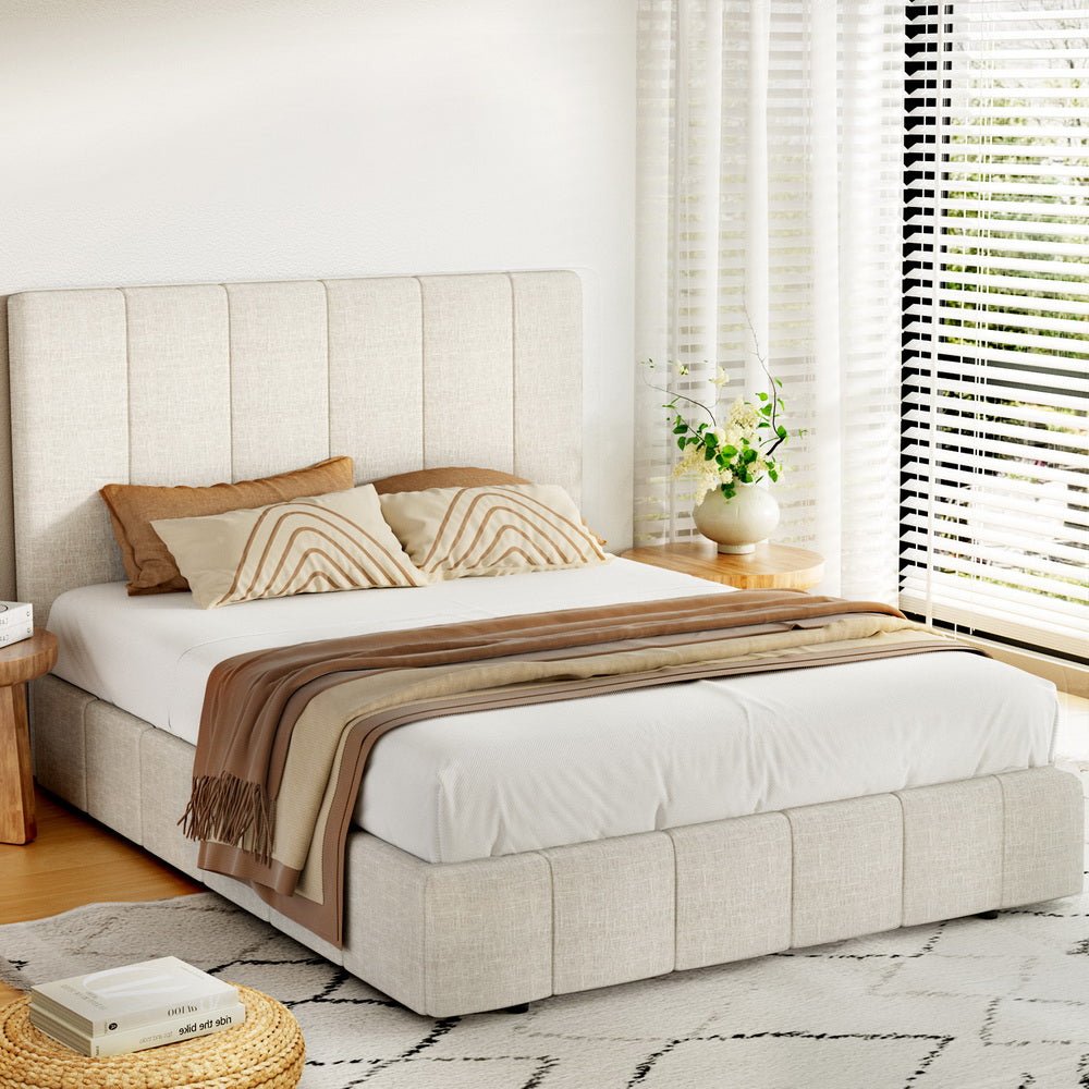 Aldinga Queen Bed Frame with Bonita Pillow Top Mattress - Medium Firm Support Double Package Set for Bedroom | Beige Upholstered Platform Bed with Comfortable Memory Foam Mattress for Master Bedroom, Guest Room & Apartment