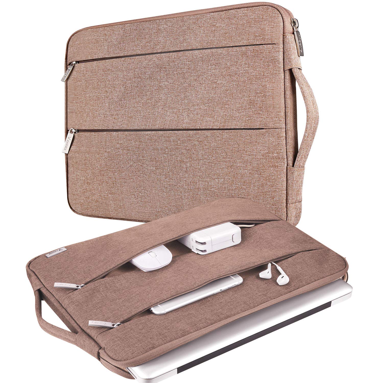 V Voova 15.6 Inch Laptop Sleeve - Slim Protective Case with Handle for MacBook Pro 15/16, Surface Laptop 3/4/5, HP, Dell, Asus, Acer & Lenovo - Perfect for Travel, Work & School (Khaki)