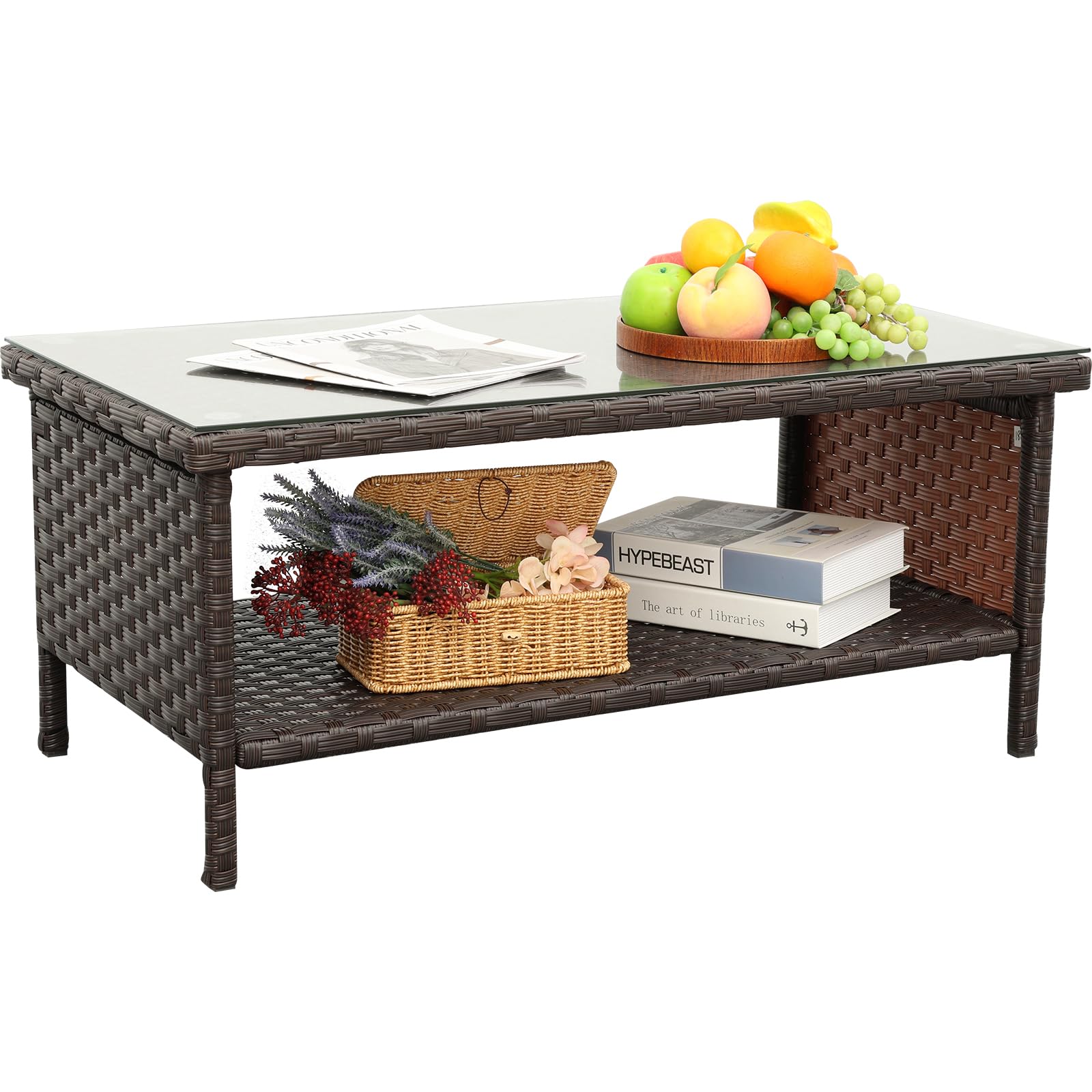 Outdoor Wicker Coffee Table - 2-Tier Rattan Patio Furniture with Glass Top & Storage Space, Includes Weatherproof Cover - Perfect for Garden, Balcony, Poolside & Backyard Relaxation (Brown)