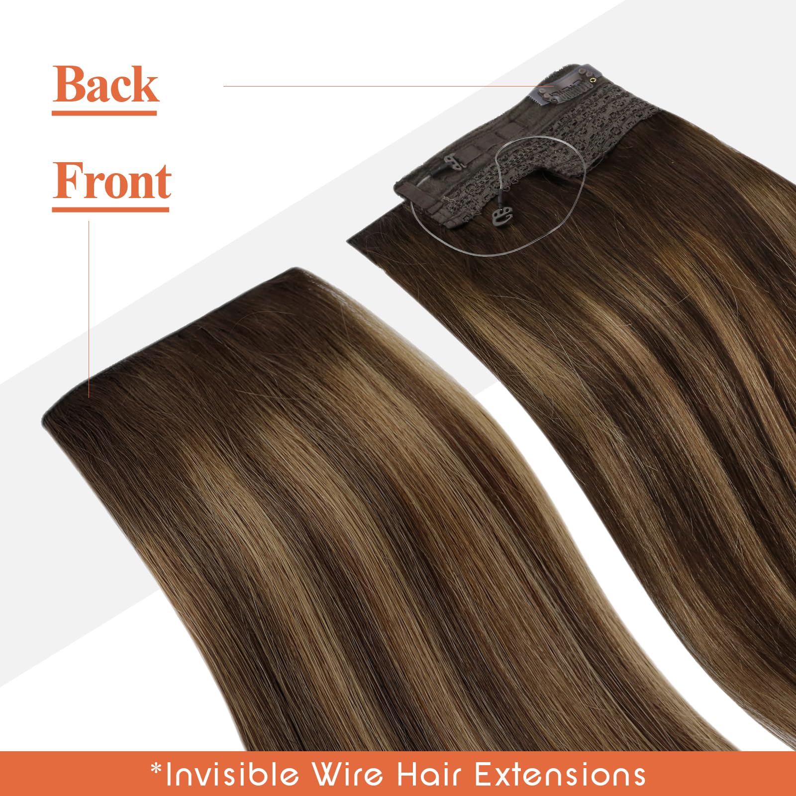 Sunny Wire Hair Extensions 20 Inch - Real Human Hair, Fish Line, Invisible Wire Extensions in Dark Brown to Caramel Blonde with Dark Brown Highlights (#4/27/4) - Perfect for Parties, Weddings & Everyday Styling
