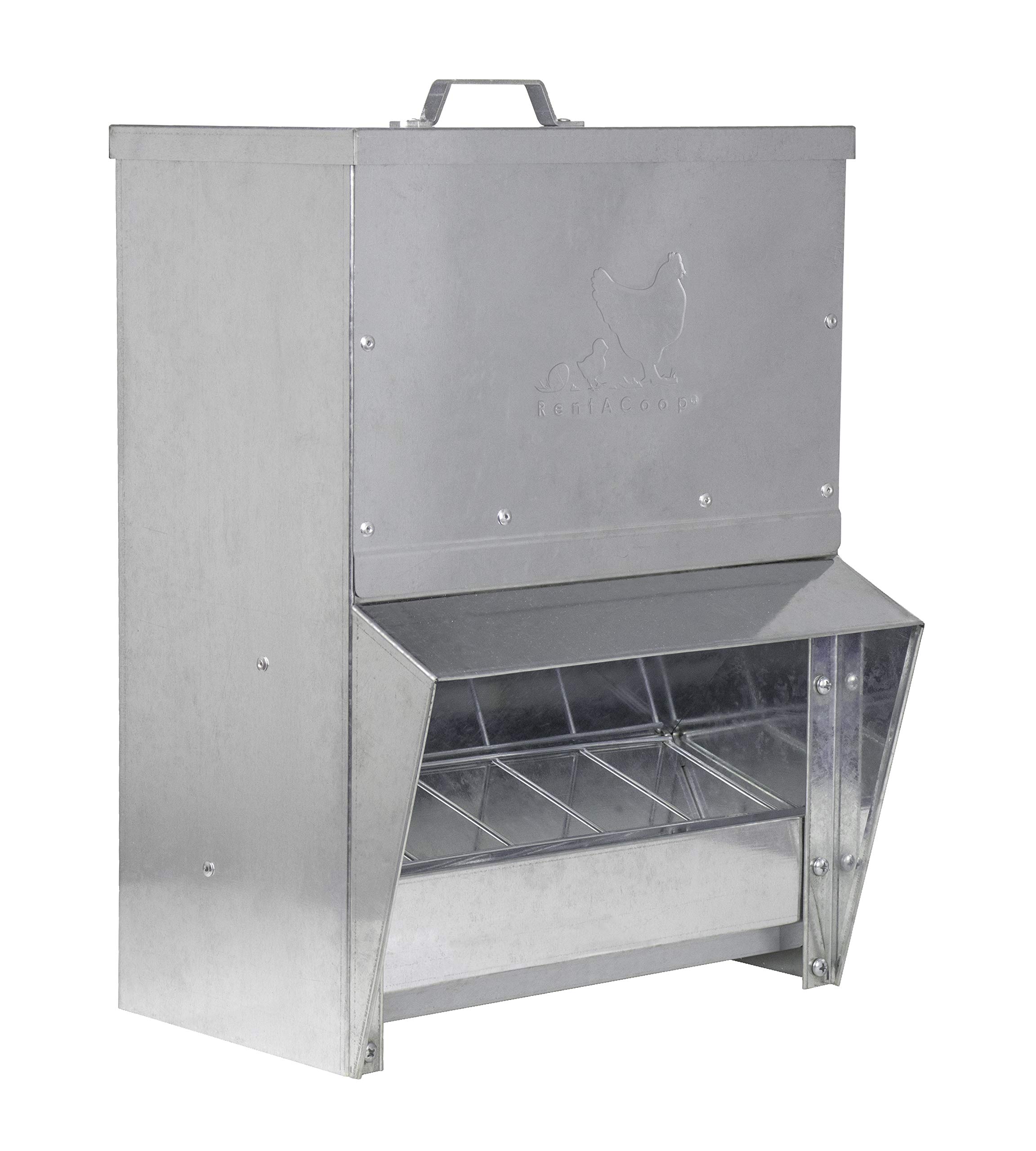 RentACoop Galvanized Chicken Trough Feeder - 25LB Capacity Weatherproof Poultry Food Dispenser with Lid for Hens, Ducks & Birds - Perfect for Backyard Coops & Farm Use