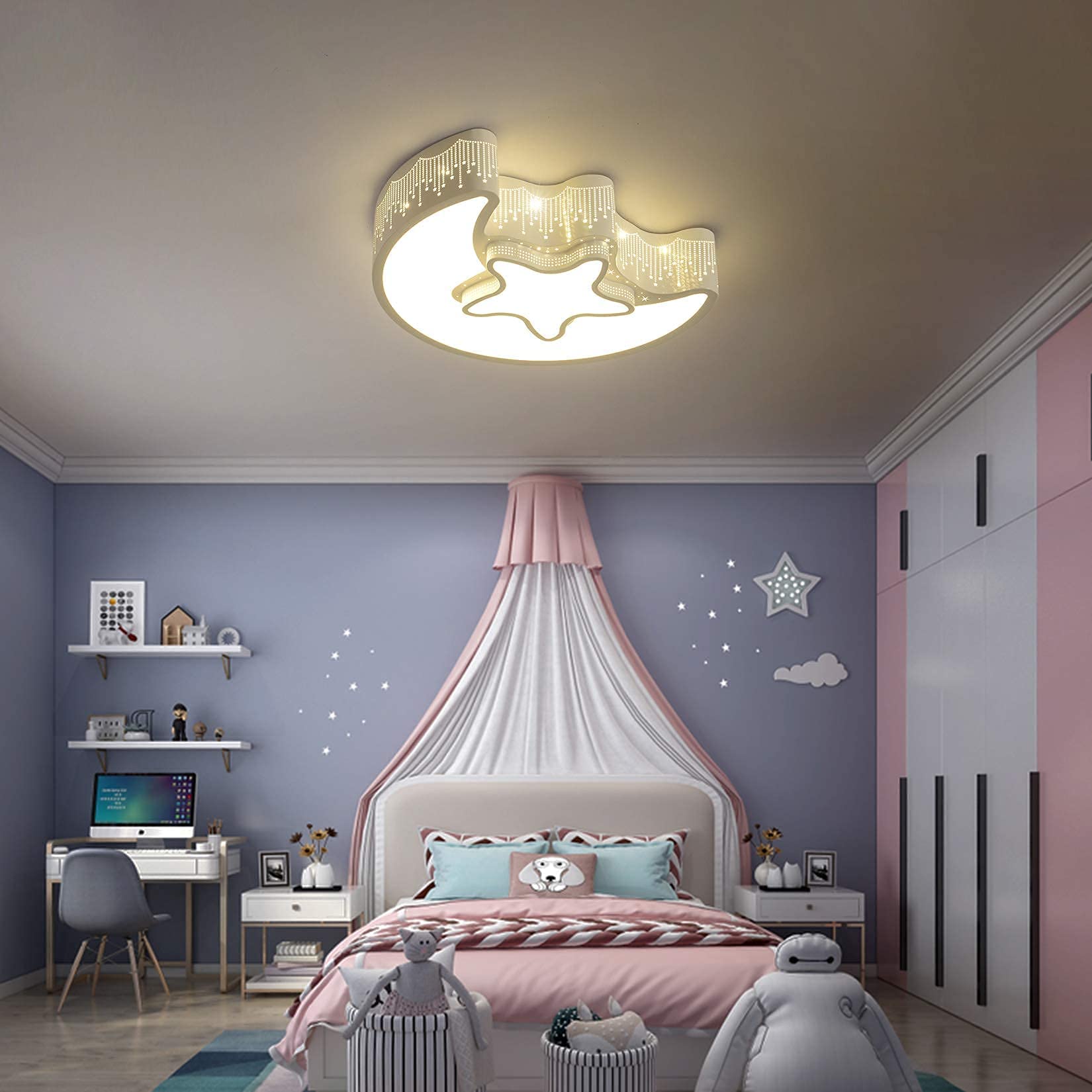 Modern Moon & Star Shaped Ceiling Light Fixture - White 4000K Natural Light Metal Chandelier for Girls Bedroom, Kids Room & Nursery | Perfect for Bedtime Stories, Playtime & Creating a Cozy Atmosphere