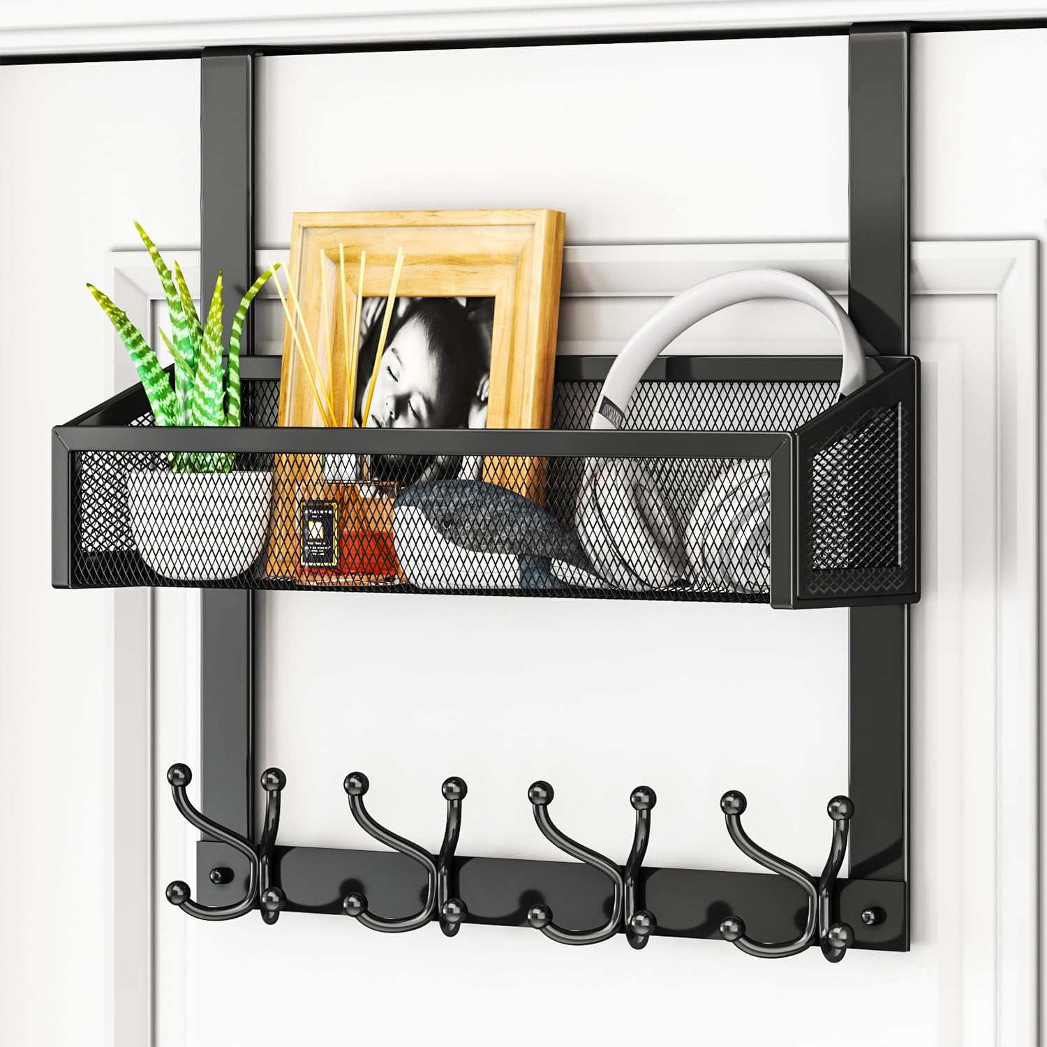 HapiRm Over The Door Hooks - 16 Hooks Stainless Steel Door Organizer for Towels, Coats, Bathroom & Kitchen Storage - Easy Installation with Basket - Black - Perfect for Dorm, Bedroom & Closet Organization