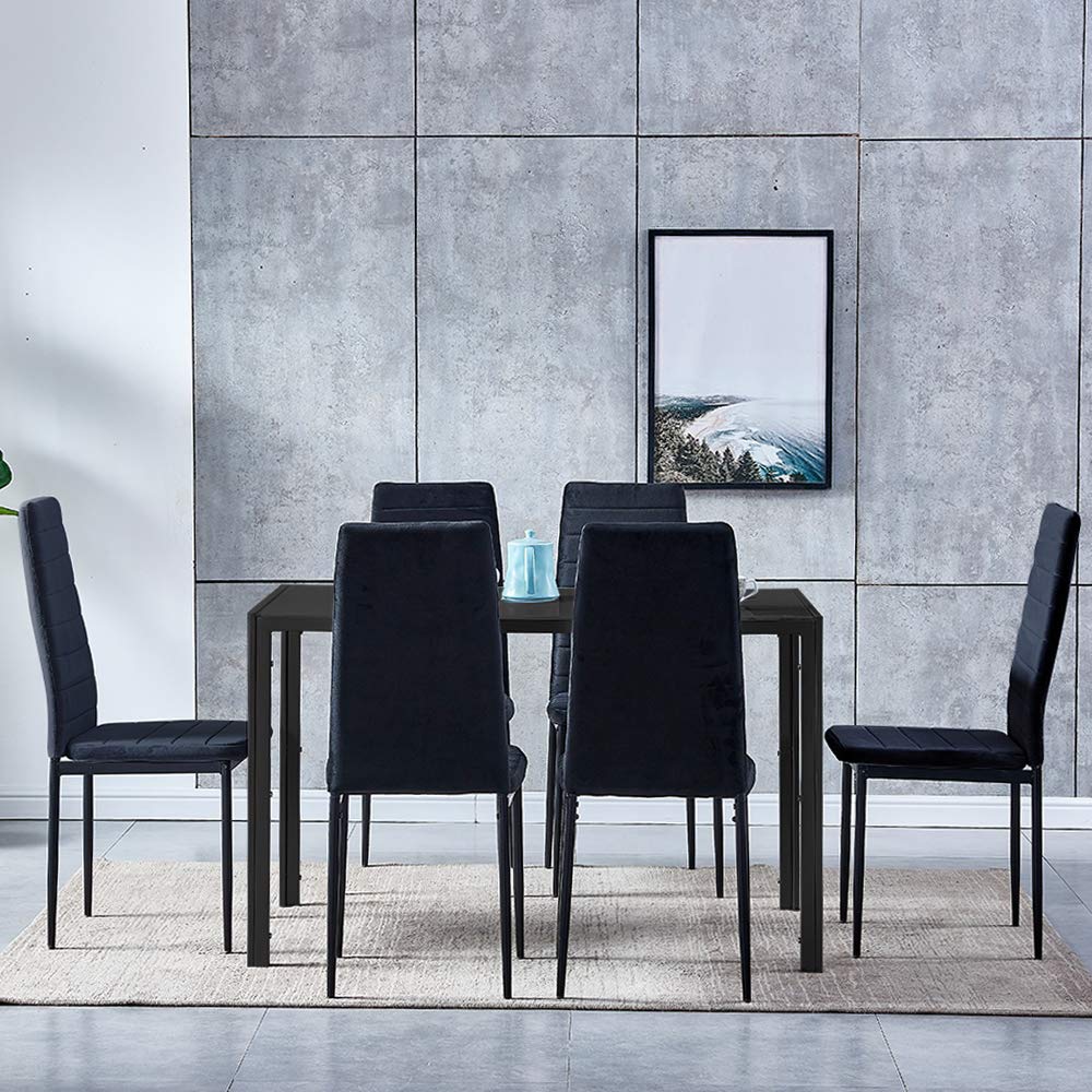 7-Piece Modern Black Dining Set with Tempered Glass Table & 6 Velvet Chairs - Space Saving Kitchen/Dining Room Furniture for Small Apartments & Condos | Perfect for Breakfast Nooks, Compact Dinettes & Cozy Meals