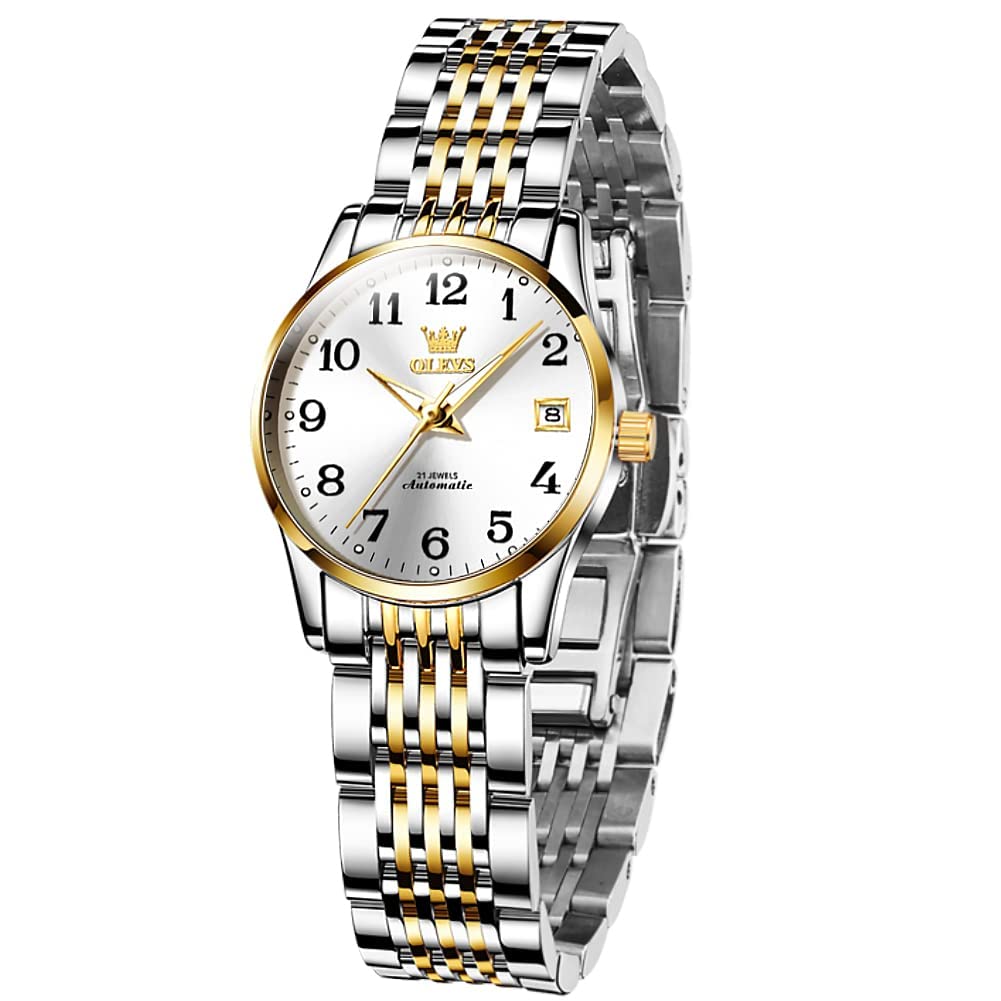OLEVS Women's Automatic Self-Winding Watch - White Dial, Date Display, Luminous Hands, Gold/Silver Stainless Steel Band, Arabic Numerals - Perfect for Office, Casual Wear & Evening Events