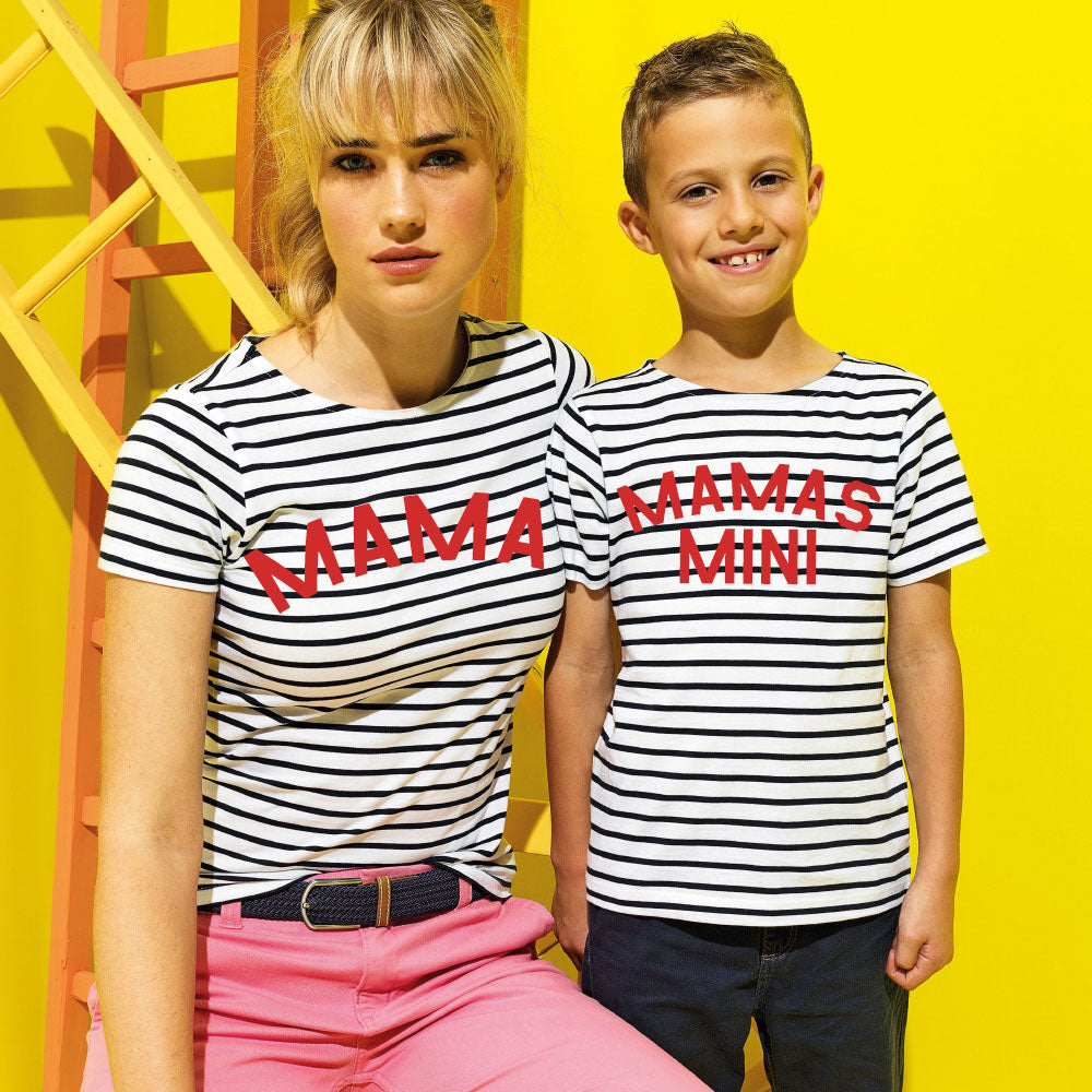 Coastal Striped Mom and Kids Matching White T-Shirts (MRK X) - Perfect for Family Photos, Beach Outings, and Casual Wear