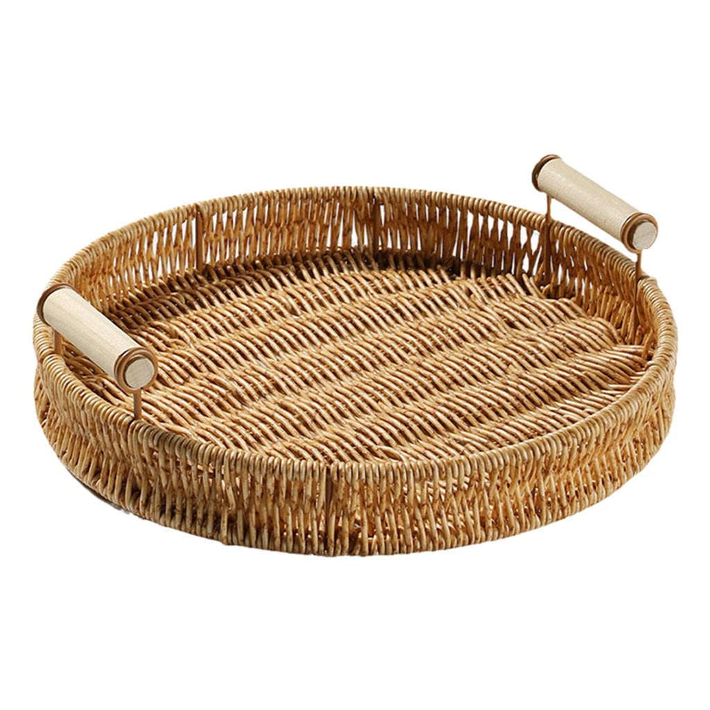 Hand-Woven Wicker Rattan Serving Tray with Handles - 27cm Round Storage Tray for Bread, Fruit, Food, Breakfast & Snacks | Perfect for Kitchen, Dining Table, Picnic & Home Decor
