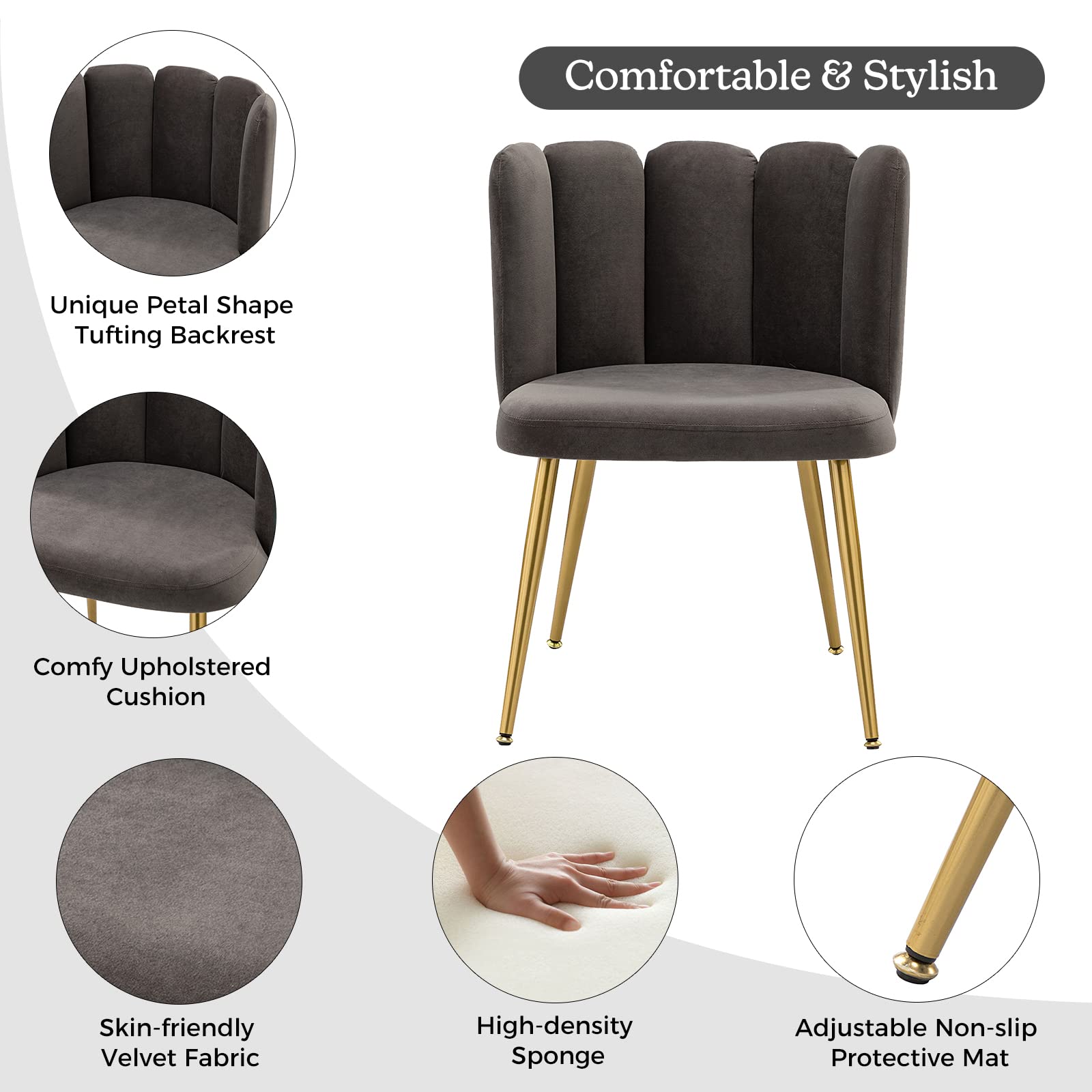 HULALA HOME Velvet Accent Chairs Set of 2 - Modern Upholstered Vanity Chair with Shell Back & Gold Metal Legs for Makeup Room, Living Room, Dining Room - Soft Grey Velvet Lounge Chairs for Bedroom, Office, Dressing Area