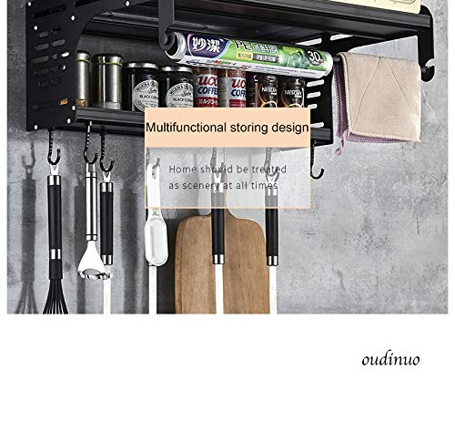 Black Aluminum Microwave Oven Wall Mount Shelf - Double Bracket with 10 Removable Hooks & Wrapper Roll Holder - Space Saving Kitchen Organizer for Christmas Decorations & Small Appliances