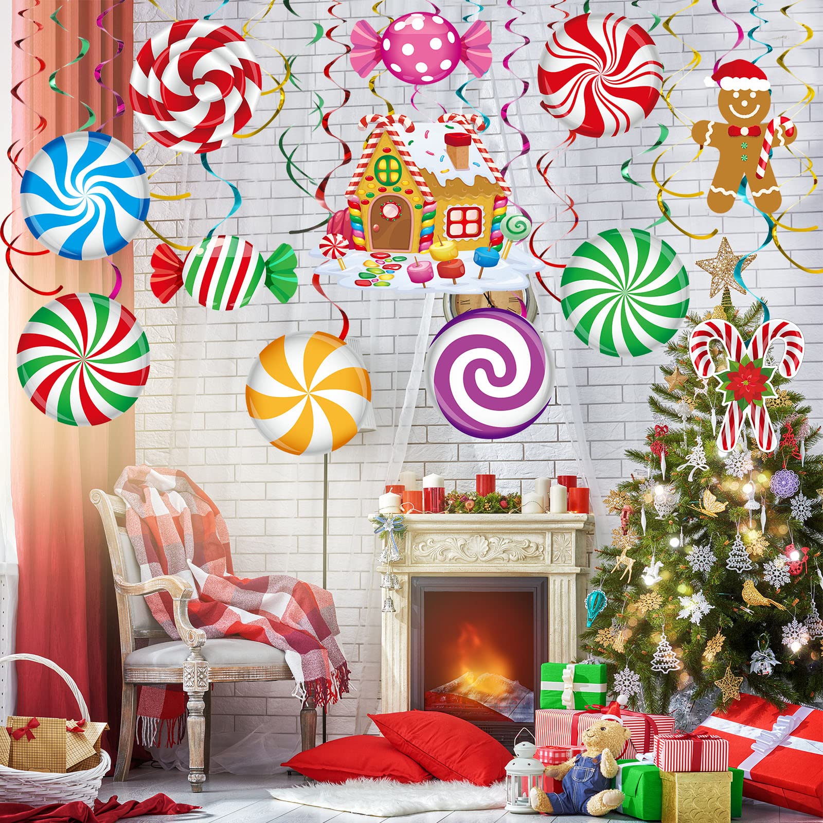 53 Pcs Christmas Hanging Swirl Decorations Set - Gingerbread Man, Candy & Red Cardinal Ornaments for Xmas Tree, Ceiling & Holiday Party Decor | Perfect for Home, Office & Festive Gatherings