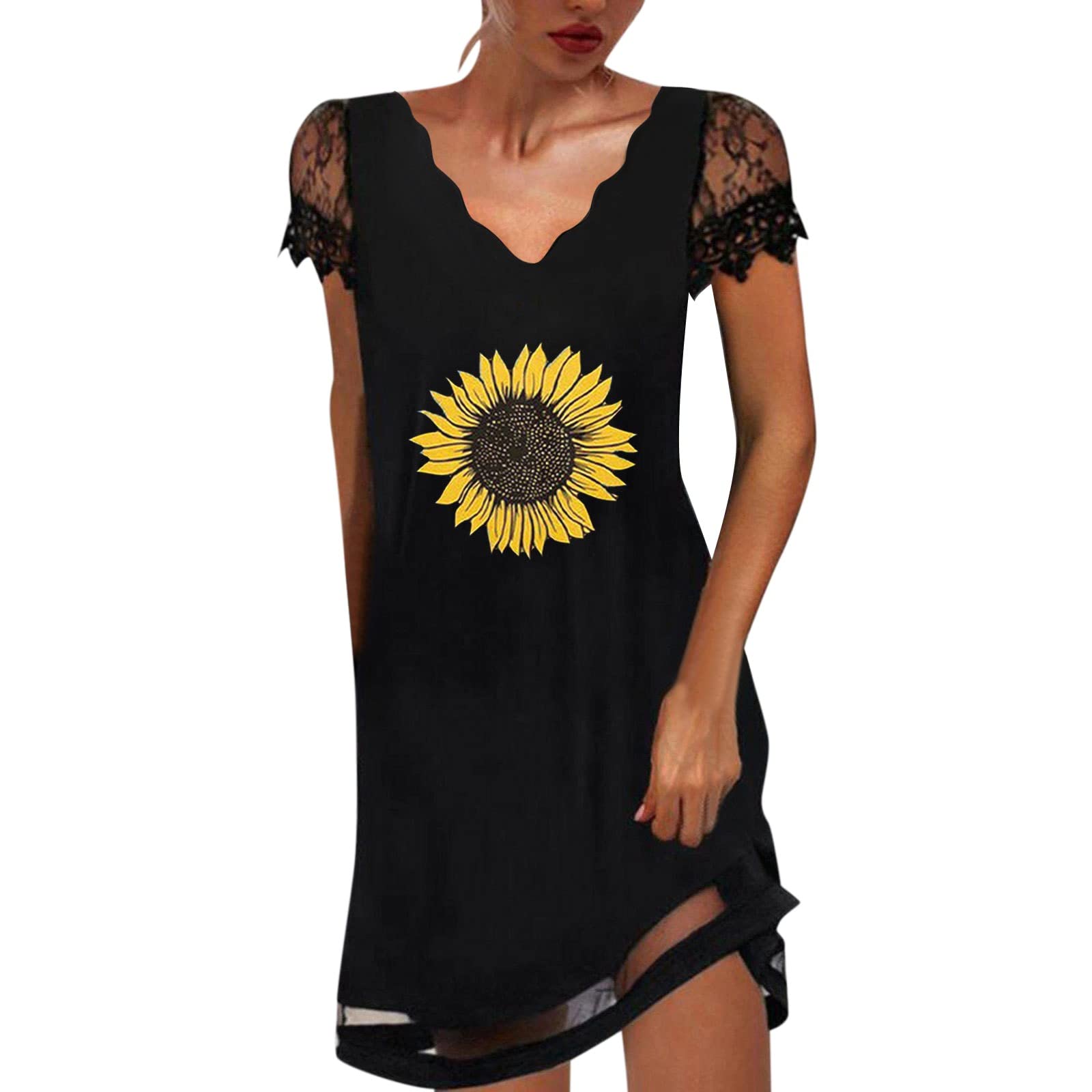 Cottagecore Floral Lace Maxi Dress for Women - Short Sleeve Loose Beach Dress with Casual Floral Print | Perfect for Summer Vacations, Boho Outfits & Outdoor Picnics