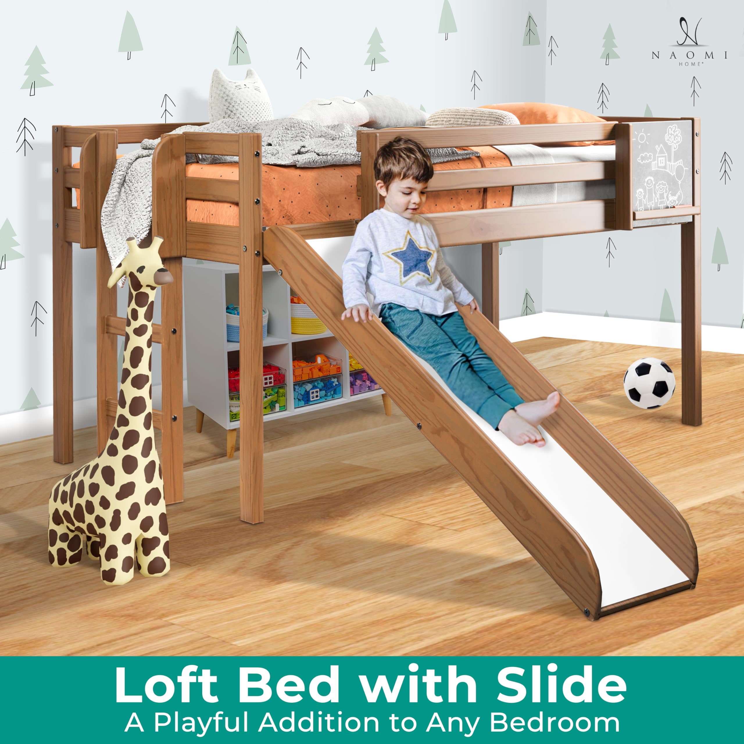 Naomi Home Cindy Twin Loft Bed with Slide - Solid Wood Toddler & Kids Bed with Ladder, Chalkboard - Space Saving Bed Frame for Boys & Girls (Latte Finish) | Perfect for Small Rooms, Playrooms & Shared Kids' Bedrooms