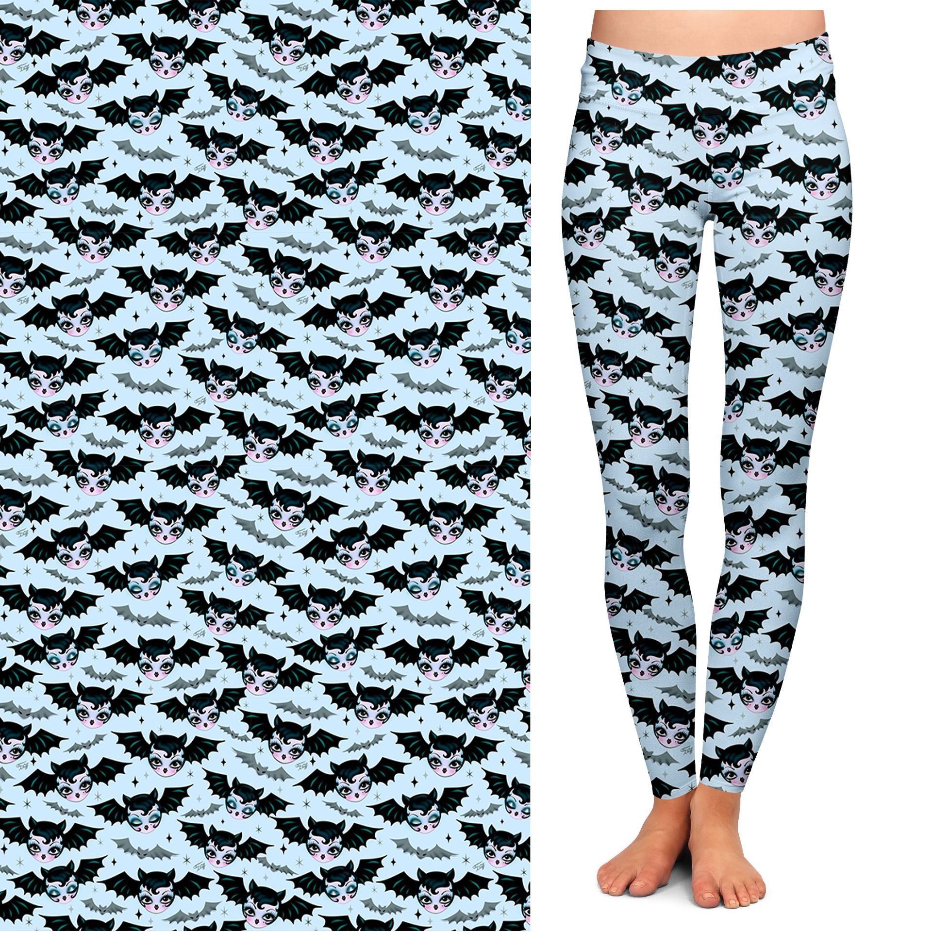 Battylicious High Waist Yoga Leggings by Miss Fluff x Lipstick & Chrome - Blue Gothic Bat Print Workout Pants for Women | Perfect for Yoga, Gym & Halloween Costume