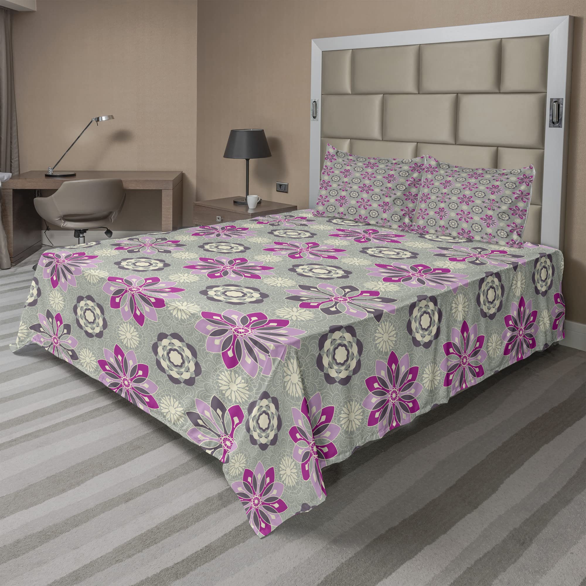 Ambesonne Floral Bedding Set 4-Piece King Size - Pink Mandala Flower Silhouette Design with Sage Green & Magenta Accents, Fitted Sheet, Flat Sheet & Pillowcases | Boho Chic Bedroom Decor for Master Bedroom, Guest Room or Dorm
