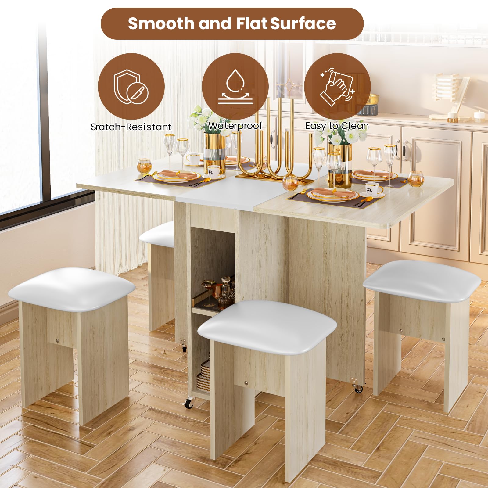 Space Saving Folding Dining Table Set for 4 with 4 Leather Chairs & Storage Shelves | Foldable Kitchen Table with 6 Wheels for Small Apartments | Perfect for Compact Homes, Studio Apartments & Tiny Houses (Beige)