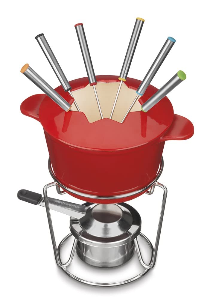 Cuisinart 3 Quart Stainless Steel Fondue Pot Set for Chocolate, Cheese, Broth & Oil - 13-Piece Cast Iron Fondue Set (CFO-3SSP1, Red) - Perfect for Parties, Family Gatherings & Romantic Dinners