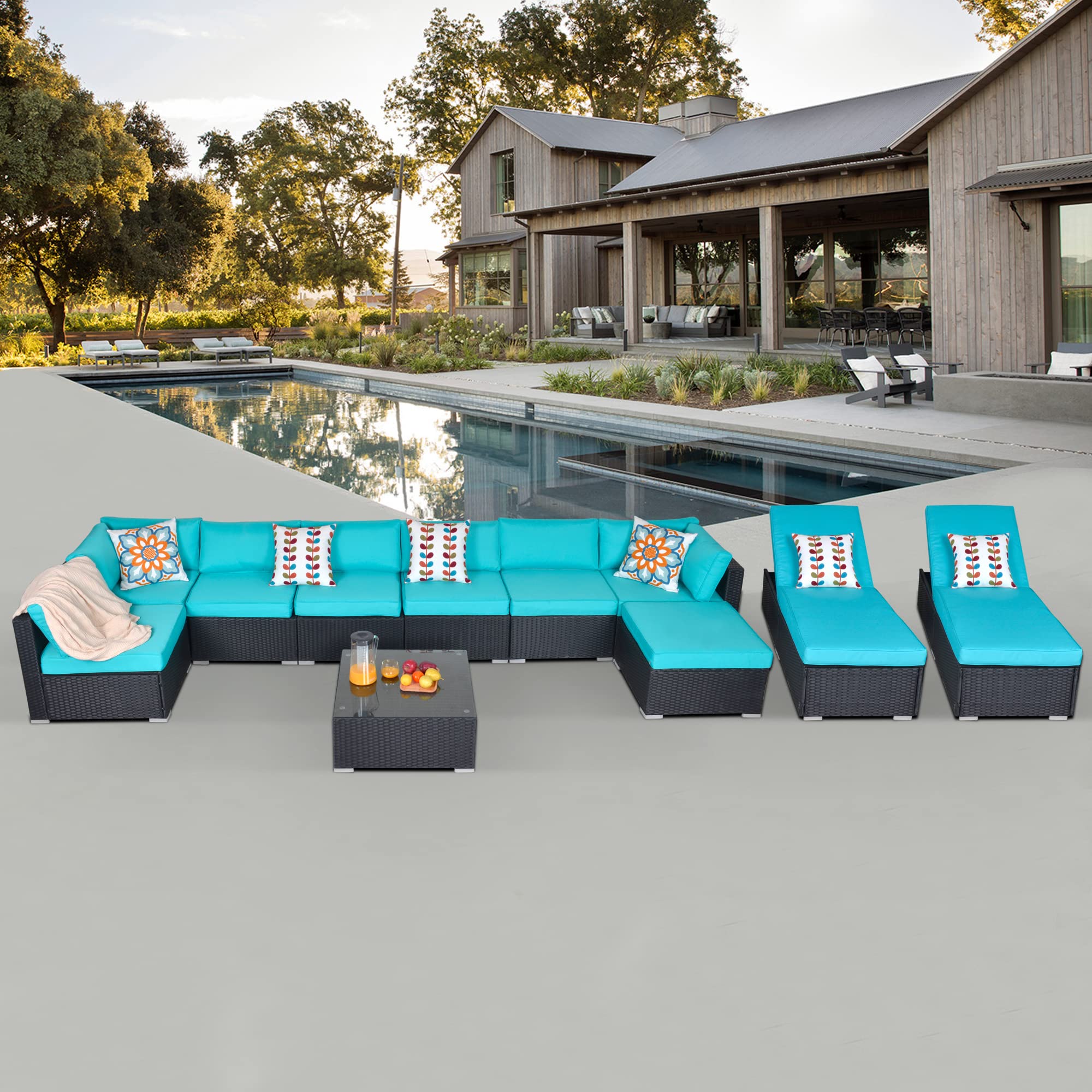 11-Piece All-Weather Wicker Patio Furniture Set with Chaise Lounge Chairs & Coffee Table - Outdoor Sectional Sofa Conversation Set in Blue - Perfect for Backyard, Poolside & Garden Relaxation