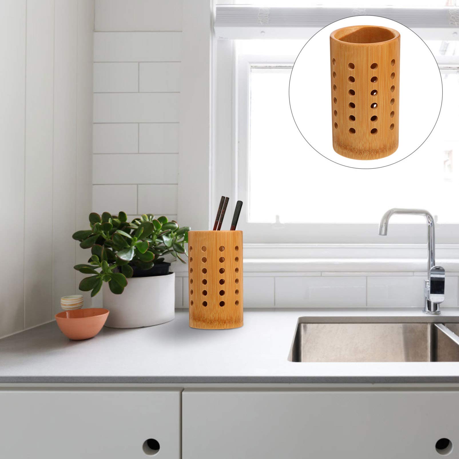 Bamboo Kitchen Utensil Holder - Wooden Cutlery Organizer for Spoons, Forks & Chopsticks | Countertop Storage Container for Cooking Tools & Tableware | Perfect for Kitchen, Dining Room & Restaurant Organization
