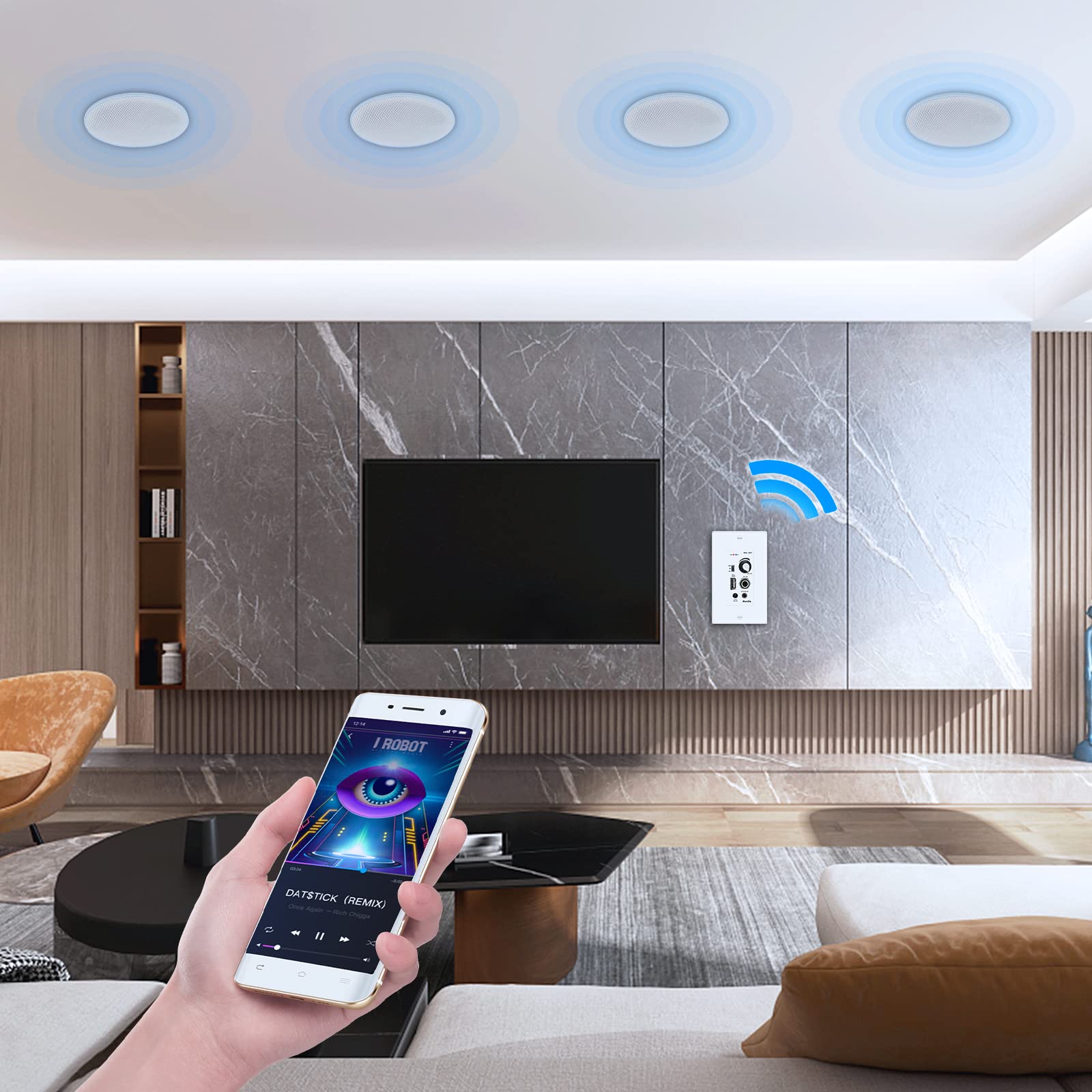 Herdio 6.5'' In-Wall In-Ceiling Bluetooth Speakers 600W 2-Way Flush Mount Speaker System with Amplifier for Home Theater, Office, Bathroom (2 Pairs, Paintable Grille) - Perfect for Multi-Room Audio, Background Music & Home Entertainment Systems