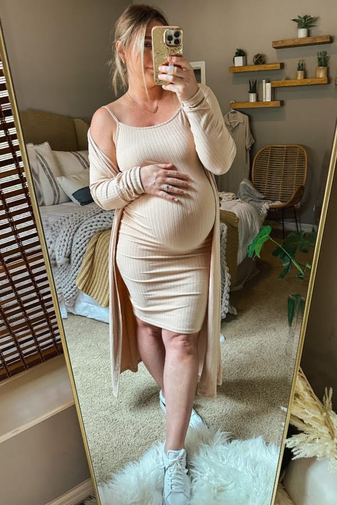 Beige Ribbed Cardigan 2 Piece Maternity Set - Soft Knit Sweater & Top for Pregnant Women | Perfect for Pregnancy Photos, Baby Showers & Casual Wear