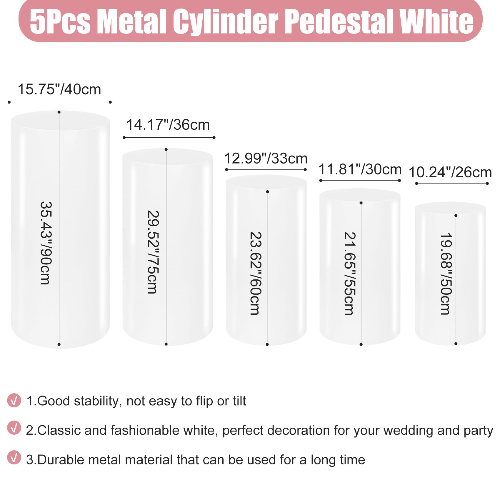 Premium Metal Cylinder Pedestal Stands - Set of 5 Reusable Round Display Pillars for Dessert Tables, Birthday, Wedding & Baby Shower Decorations (White) | Perfect for Cake Displays, Centerpieces & Party Decor