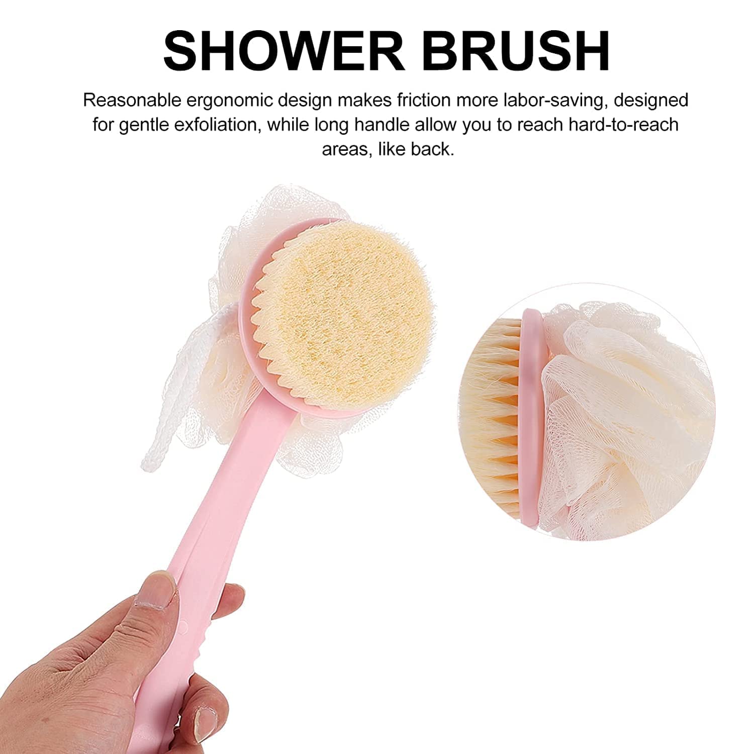 RRJ 2-in-1 Bath Brush with Soft & Firm Bristles + Loofah | Long Curved Handle Back Scrubber | Exfoliating Shower Body Brush for Wet/Dry Use | Men & Women Skin Care | ABS Plastic (Multi-Color) | Perfect for Deep Cleansing, Back Exfoliation & Spa Relaxation