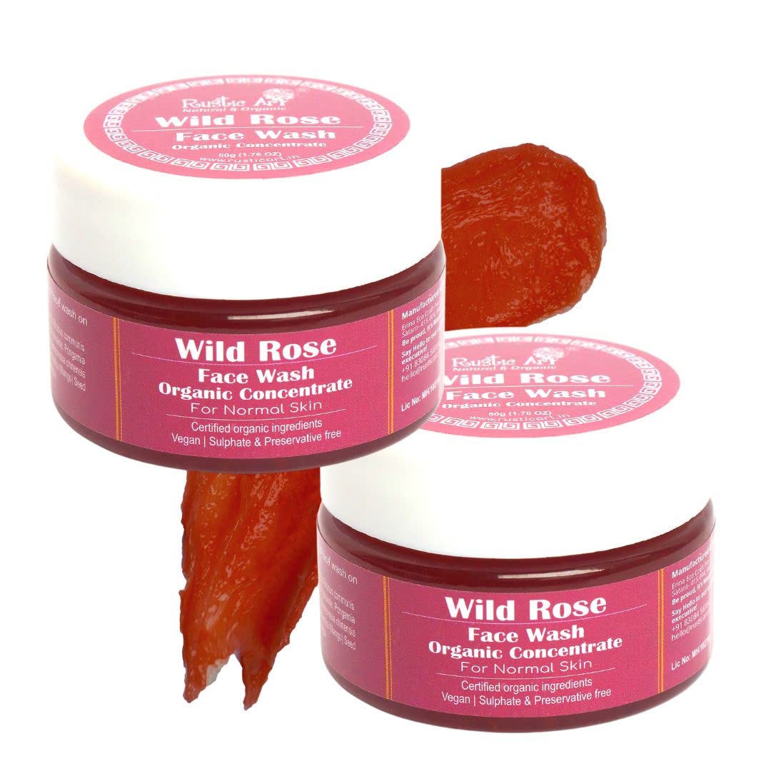 Organic Wild Rose Face Wash Concentrate for Normal to Dry Skin | Sulfate & Paraben Free Cleanser for Women & Men | 50g (Pack of 2) | Gentle Daily Facial Cleansing & Hydration