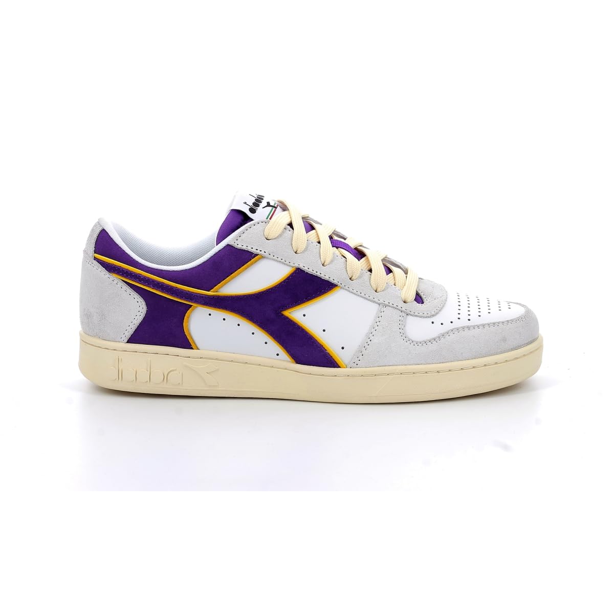 Diadora Unisex Magic Basket Low Suede Leather Sneakers - White/Deep Lavender Purple, Size 4 UK - Comfortable Gym & Casual Shoes for Workouts and Everyday Wear