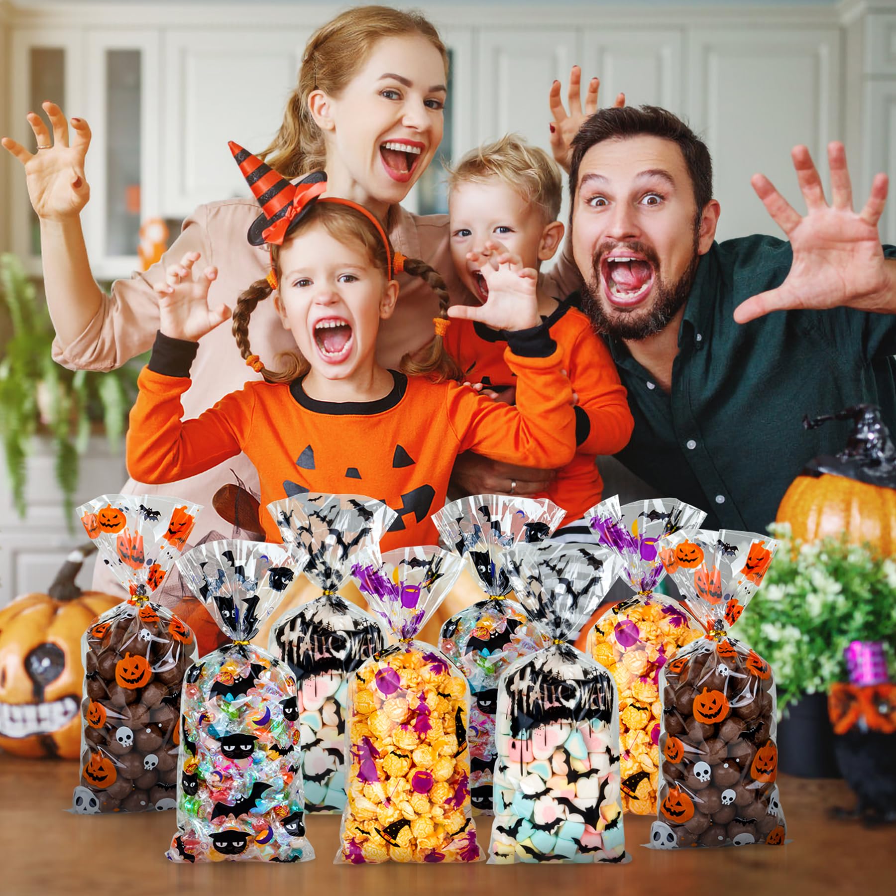 RICEDUO Halloween Cellophane Treat Bags - 100 Clear Candy Bags with Twist Ties for Kids' Parties, Trick or Treat, Classroom Favors & Holiday Goodie Bags