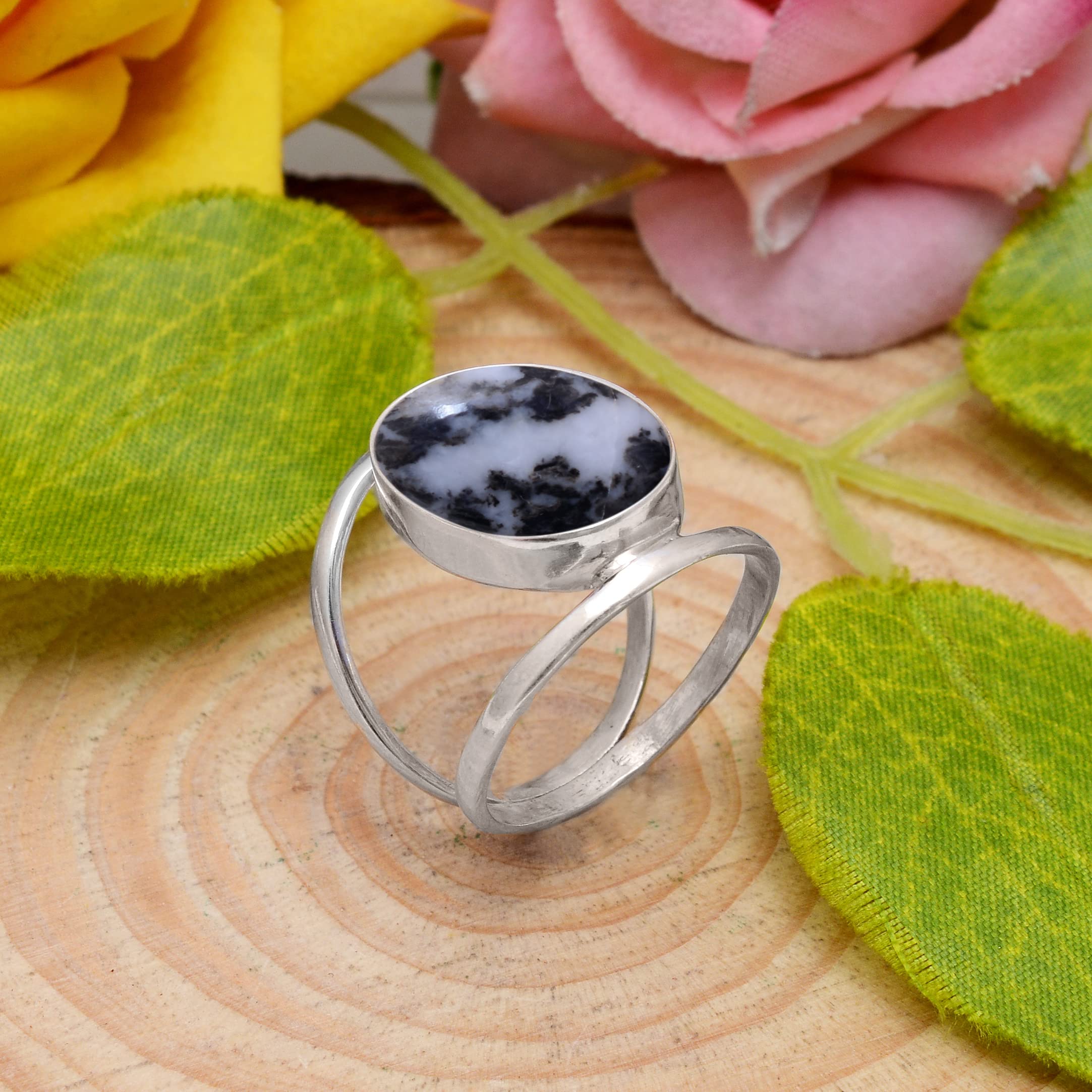Veracity Jewelry Zebra Jasper Rings for Women - 925 Sterling Silver Healing Meditation Rings with Natural Black White Gemstone - Spiritual Jewelry Gift for Yoga, Reiki & Energy Healing (VSR-408)