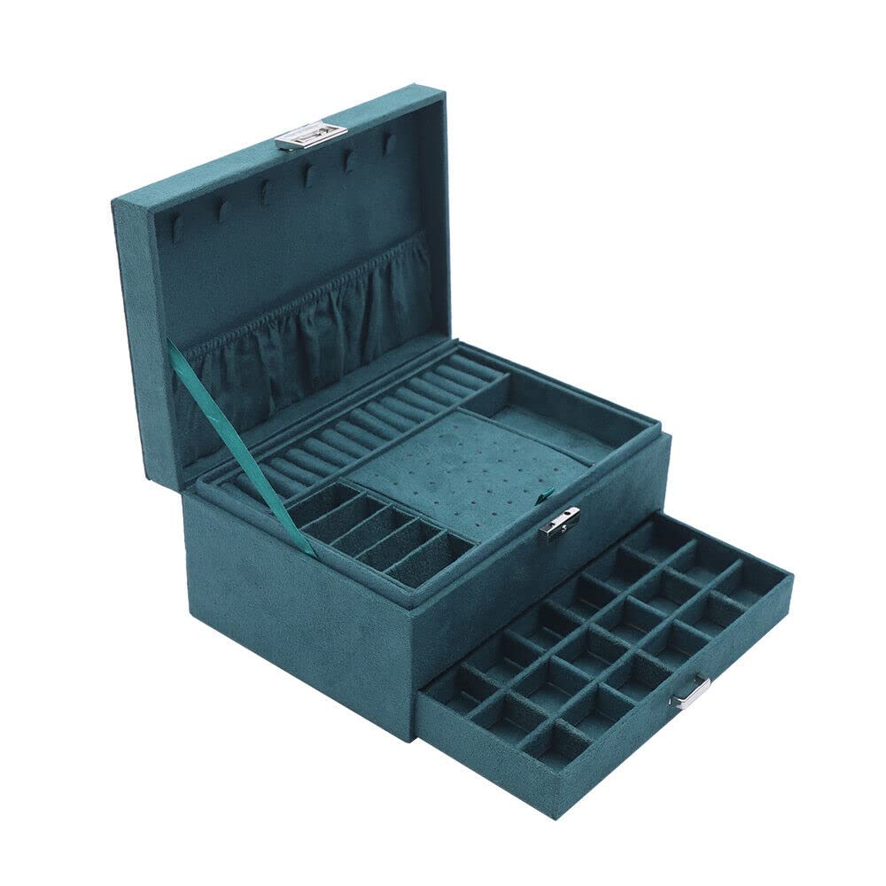 3-Layer Jewelry Box Organizer for Women - Large Storage Case for Earrings, Necklaces, Rings & Bracelets with 2 Lockable Drawers (Dark Green) | Perfect for Travel, Home Organization & Gift Giving